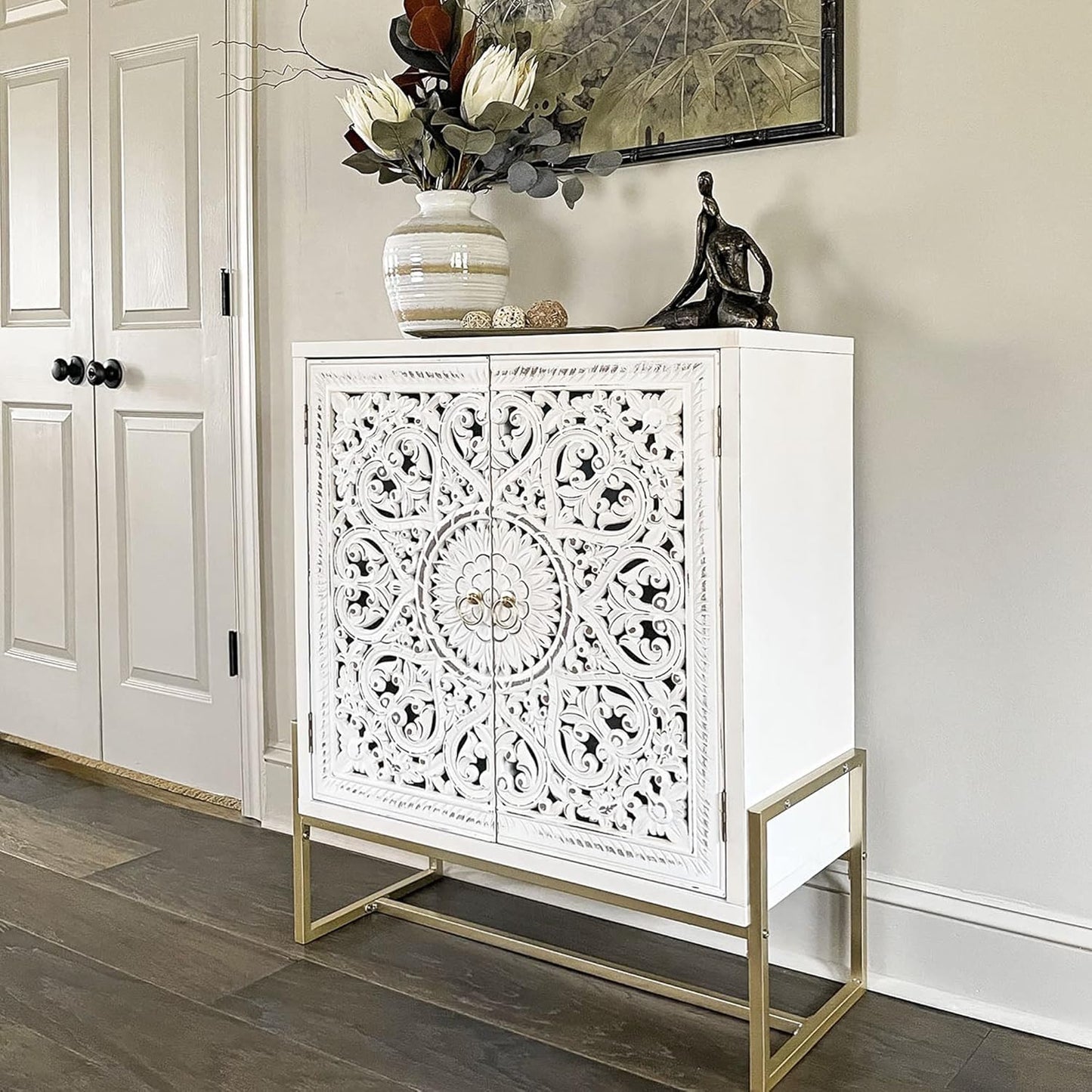 PHI VILLA Accent Cabinet with Doors - Antique Storage Cabinet for Entryway Buffet Sideboard