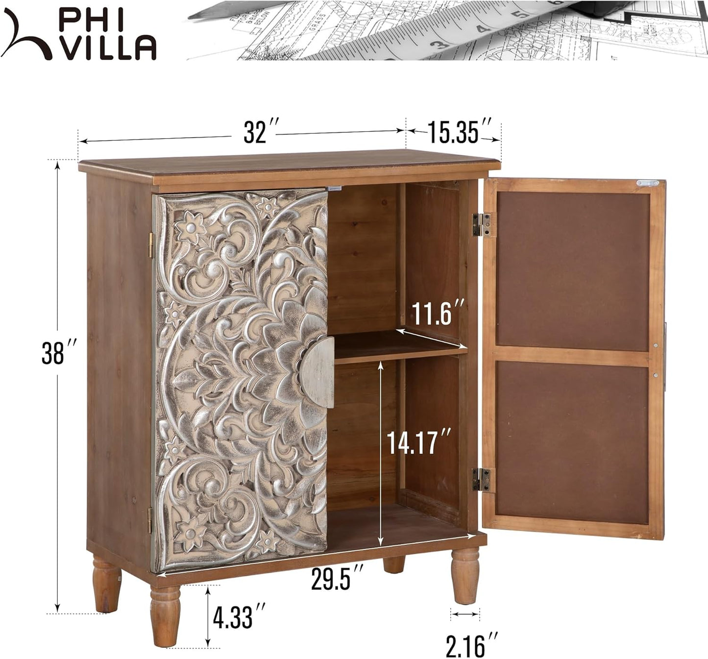 PHI VILLA Accent Cabinet with Doors - Antique Storage Cabinet for Entryway Buffet Sideboard