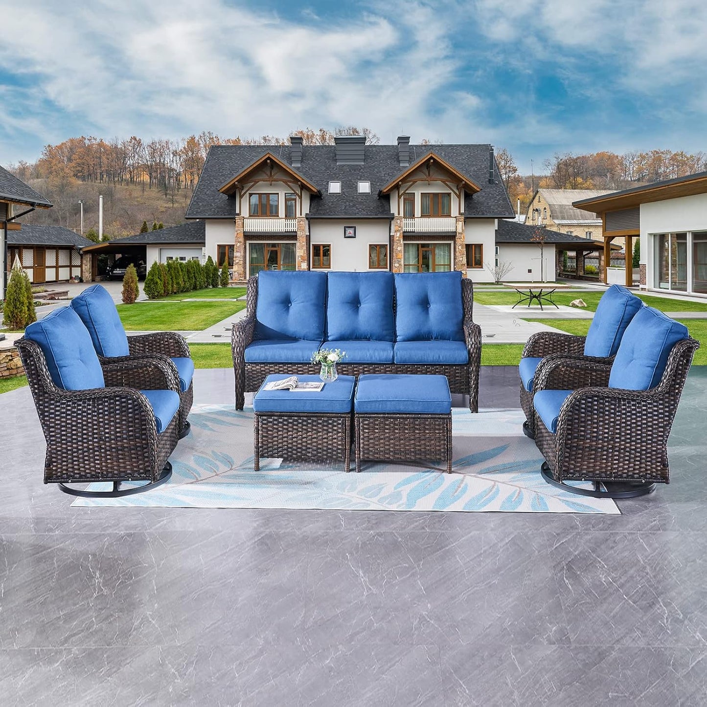 Rilyson Wicker Rocking Chair Swivel Chairs - 4 Piece Rocker Patio Chairs Set Rattan Rocking Chair for Outdoor Porch Deck Garden Backyard(Mixed Grey/Blue)