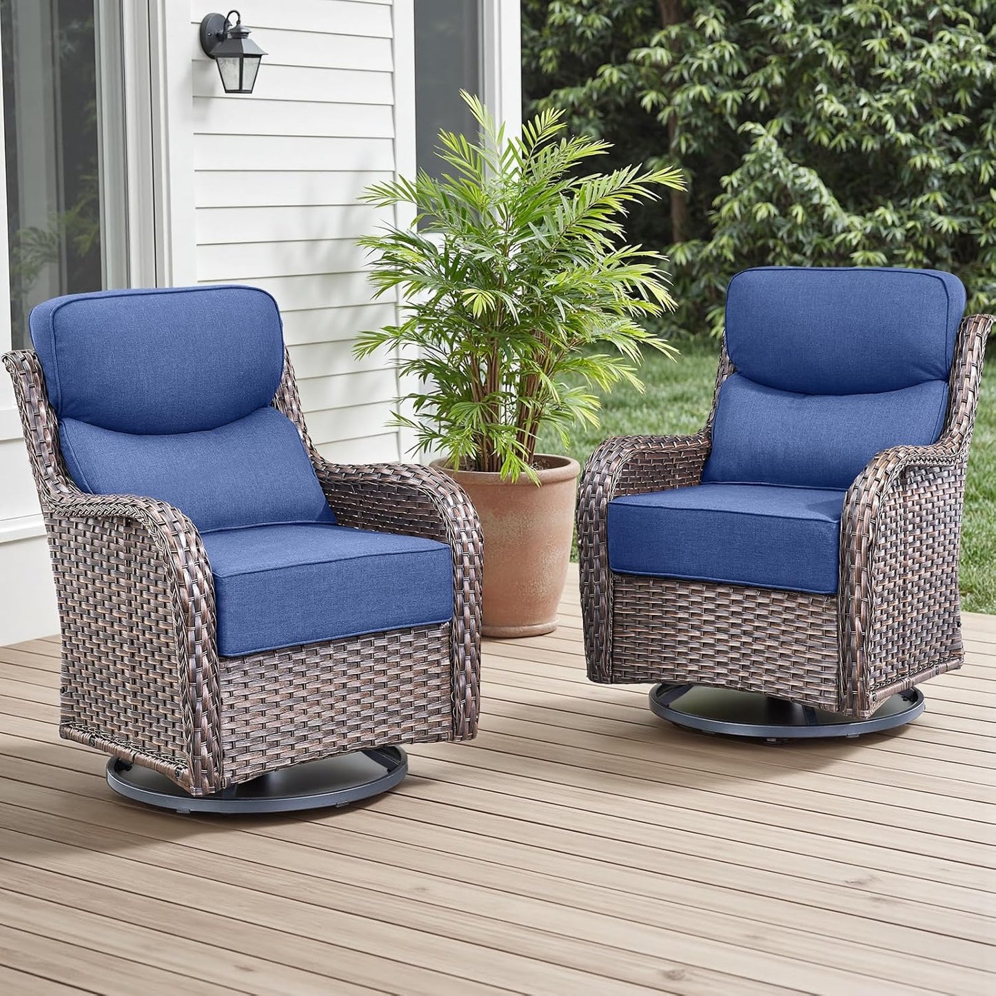 Rilyson Outdoor Patio Swivel Rocker Chairs Set of 2, Waterproof Wicker, High Back, Deep Seating, Wide Armrest, Upgraded 6 inch Thick Cushions, Ideal for Deck Porch Backyard, Mixed Grey-Grey
