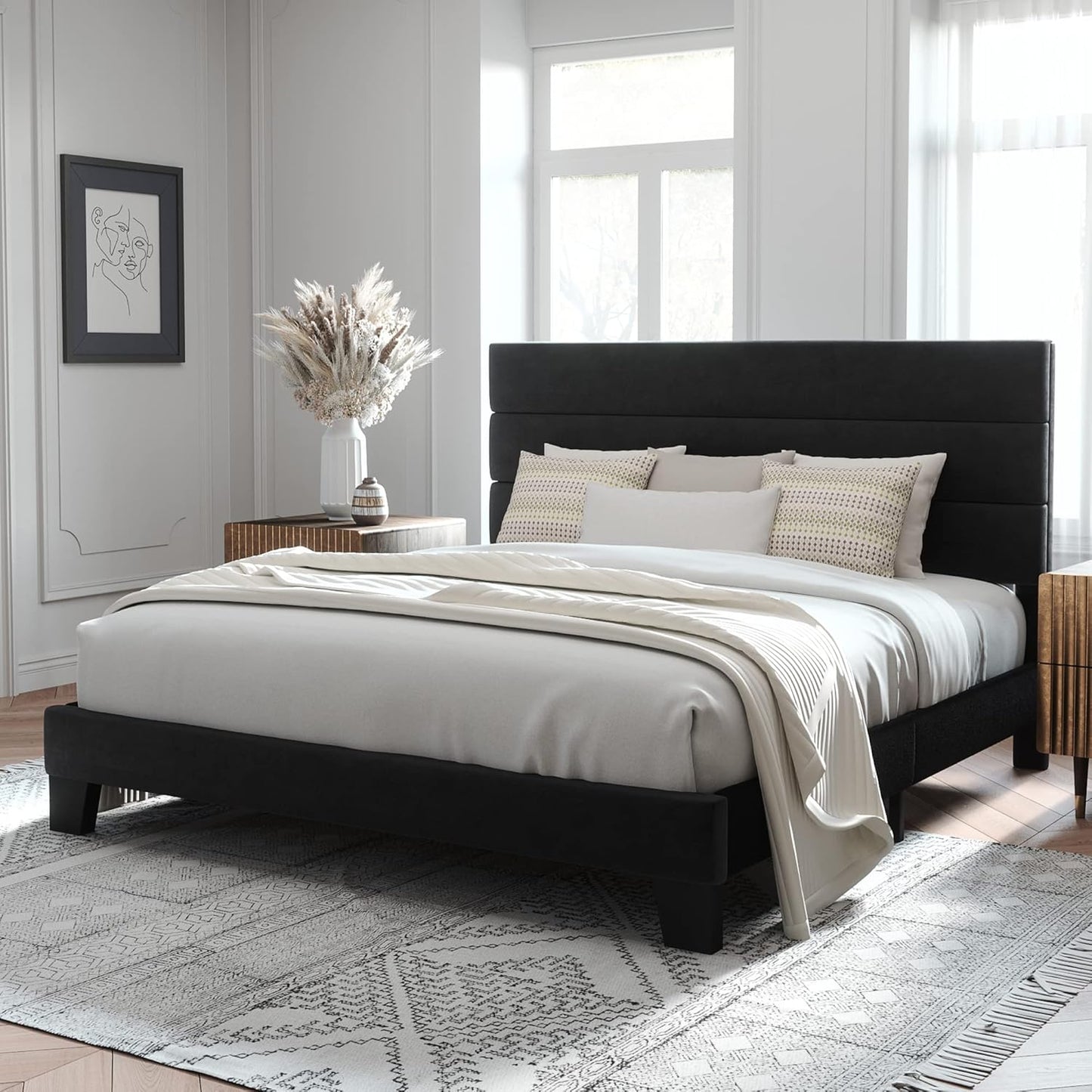 Allewie King Size Platform Bed Frame with Fabric Upholstered Headboard and Wooden Slats Support, Fully Upholstered Mattress Foundation/No Box Spring Needed/Easy Assembly, Beige