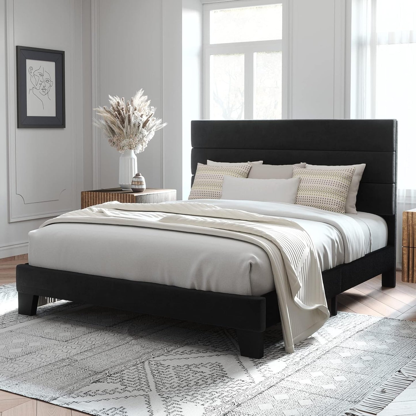 Allewie King Size Platform Bed Frame with Fabric Upholstered Headboard and Wooden Slats Support, Fully Upholstered Mattress Foundation/No Box Spring Needed/Easy Assembly, Beige