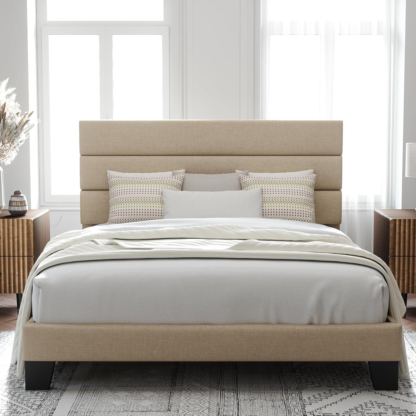 Allewie King Size Platform Bed Frame with Fabric Upholstered Headboard and Wooden Slats Support, Fully Upholstered Mattress Foundation/No Box Spring Needed/Easy Assembly, Beige