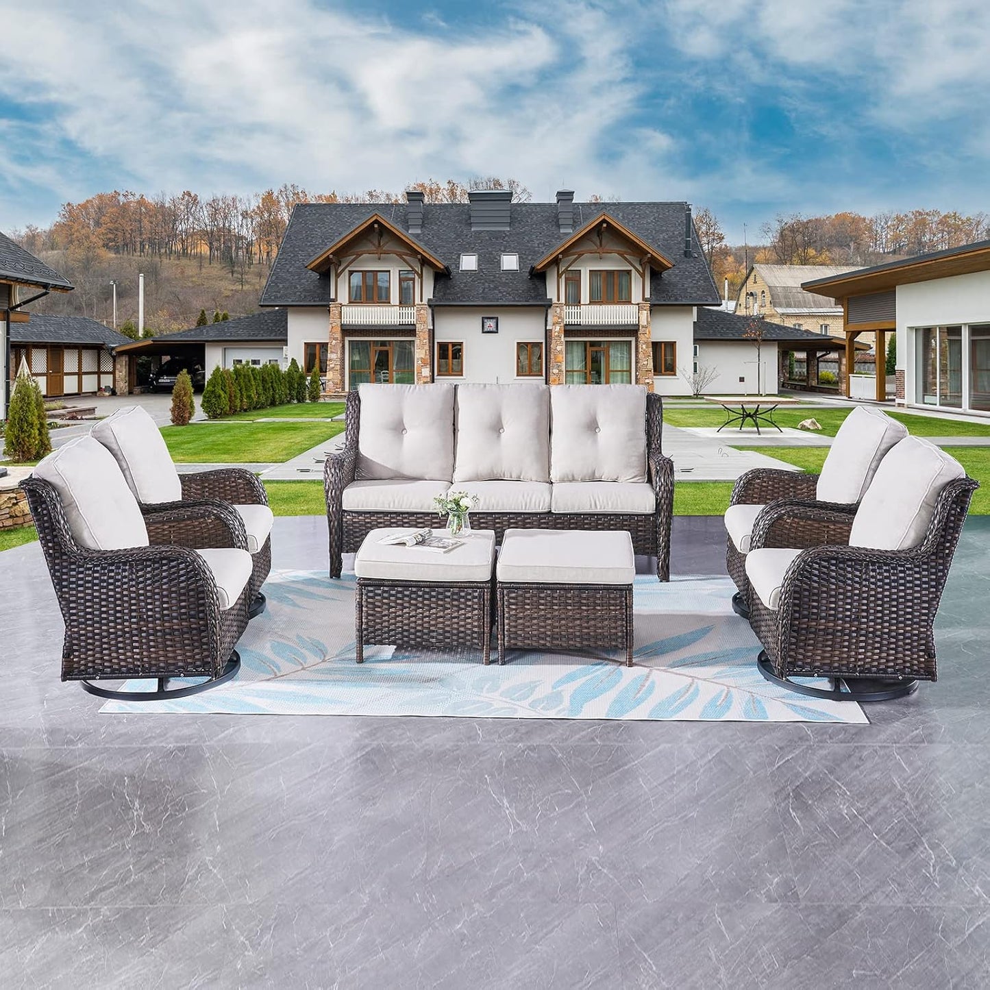Rilyson Wicker Rocking Chair Swivel Chairs - 4 Piece Rocker Patio Chairs Set Rattan Rocking Chair for Outdoor Porch Deck Garden Backyard(Mixed Grey/Blue)