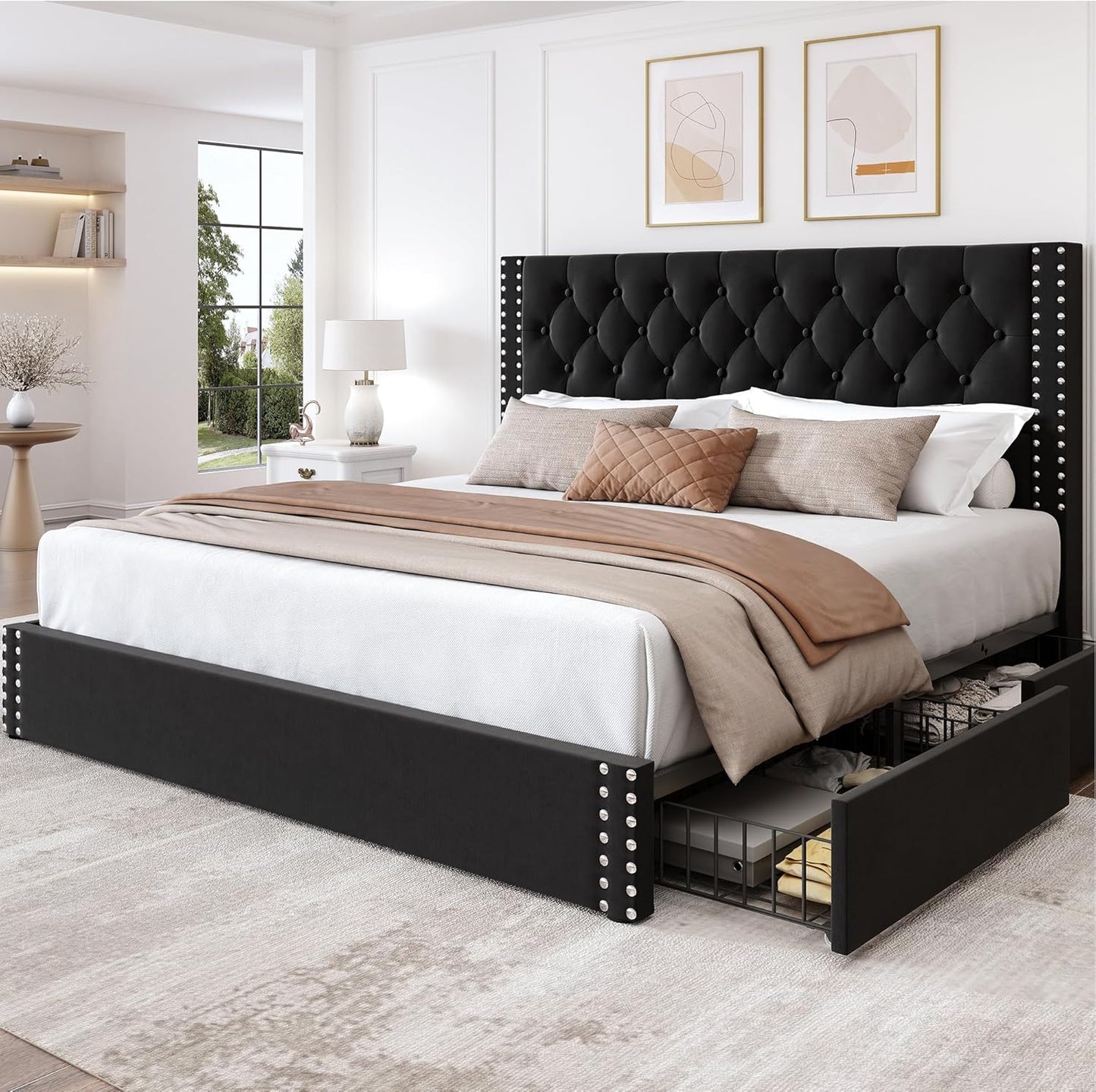LARMACE King Size Bed Frame with 4 Storage Drawers and Tufted Headboard Linen Upholstered Platform Bed Frame with Heavy Duty Wood Slats, No Box Spring Needed, Easy Assembly, Beige