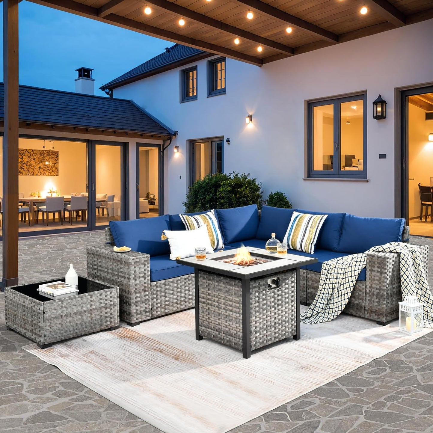 ovios 6 Pieces Patio Furniture Set, Outdoor Wicker Sectional Sofa with Glass Table Comfy Cushions, Modern Modular Deep Seat Couch Rattan Conversation Set, Denim Blue