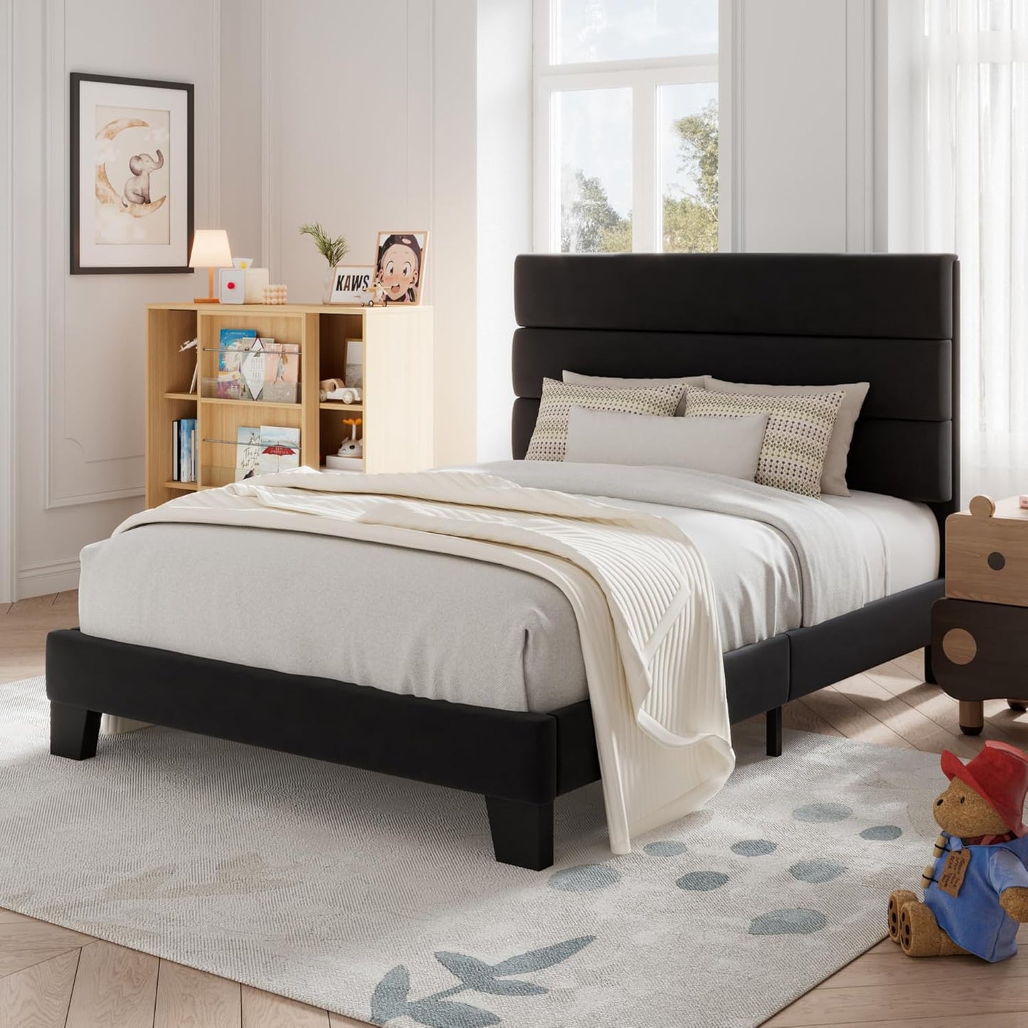 Allewie King Size Platform Bed Frame with Fabric Upholstered Headboard and Wooden Slats Support, Fully Upholstered Mattress Foundation/No Box Spring Needed/Easy Assembly, Beige