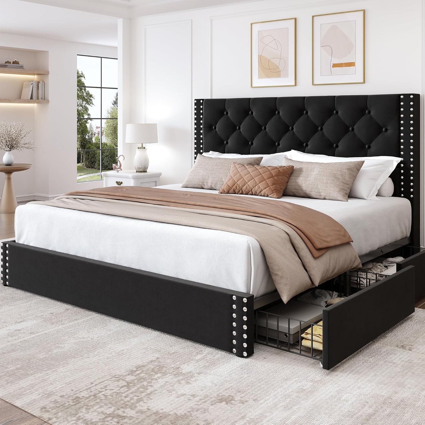 LARMACE King Size Bed Frame with 4 Storage Drawers and Tufted Headboard Linen Upholstered Platform Bed Frame with Heavy Duty Wood Slats, No Box Spring Needed, Easy Assembly, Beige