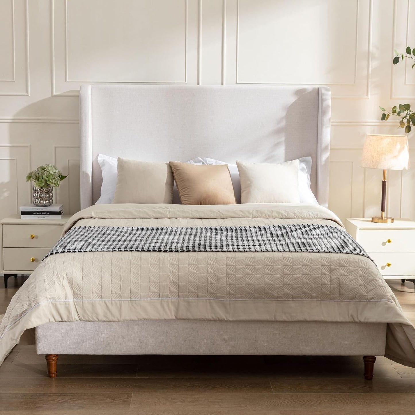 Queen Size Upholstered Platform Bed Frame, 54" High Headboard Carmen Wingback Bed, Fully Upholstered Mattress Foundation, No Box Spring Needed No Noise, Minimalist, Textured Ivory