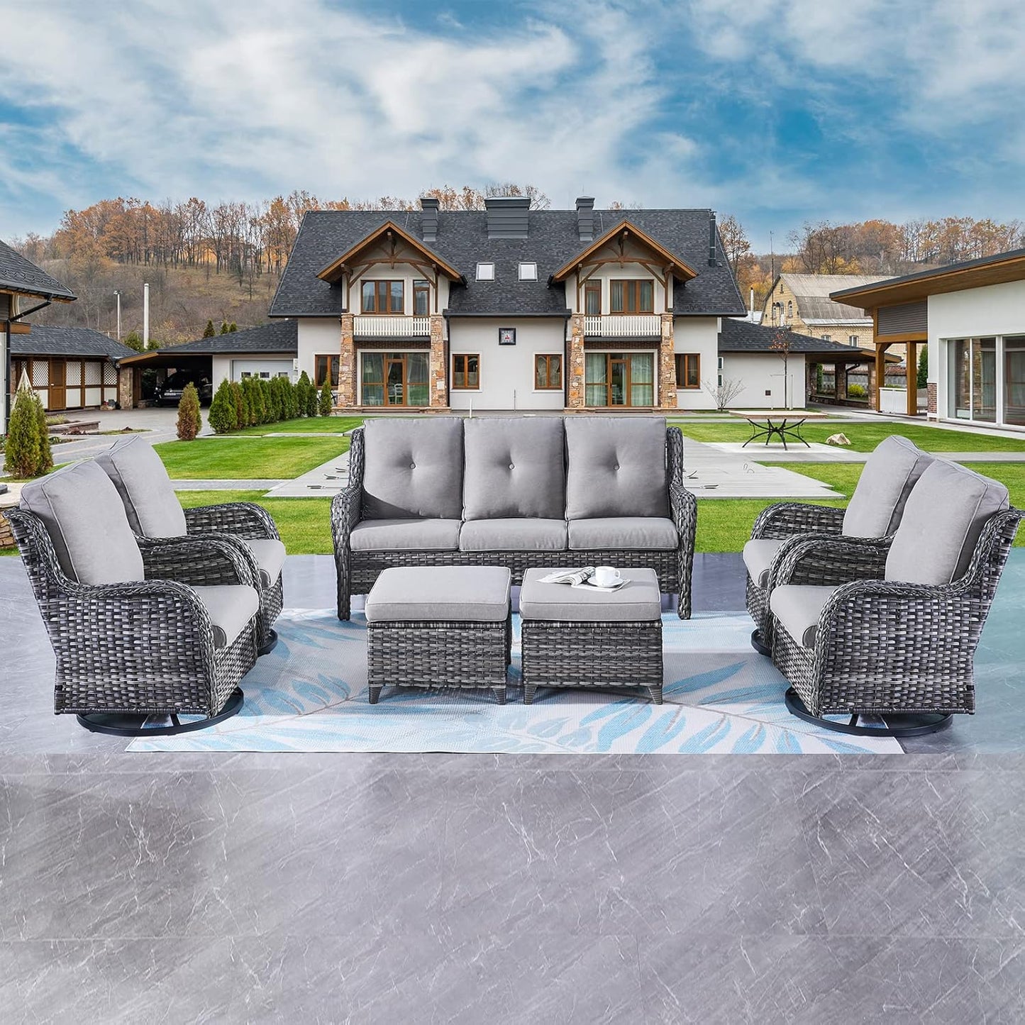 Rilyson Wicker Rocking Chair Swivel Chairs - 4 Piece Rocker Patio Chairs Set Rattan Rocking Chair for Outdoor Porch Deck Garden Backyard(Mixed Grey/Blue)