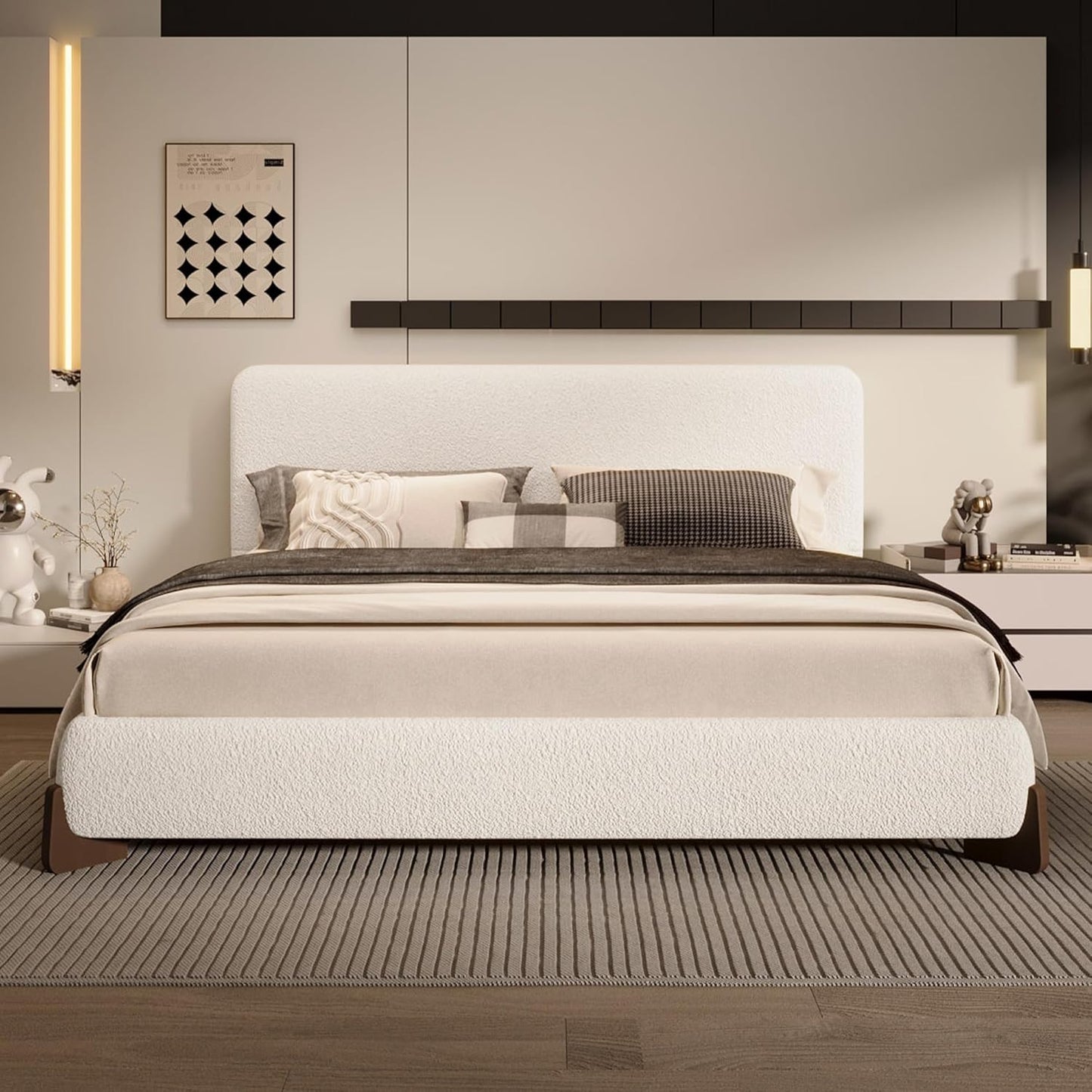Merax Boucle Upholstered Bed, King Bed Frame and Headboard, Platform Bedframe, No Box Spring Required, Easy Assembly, White