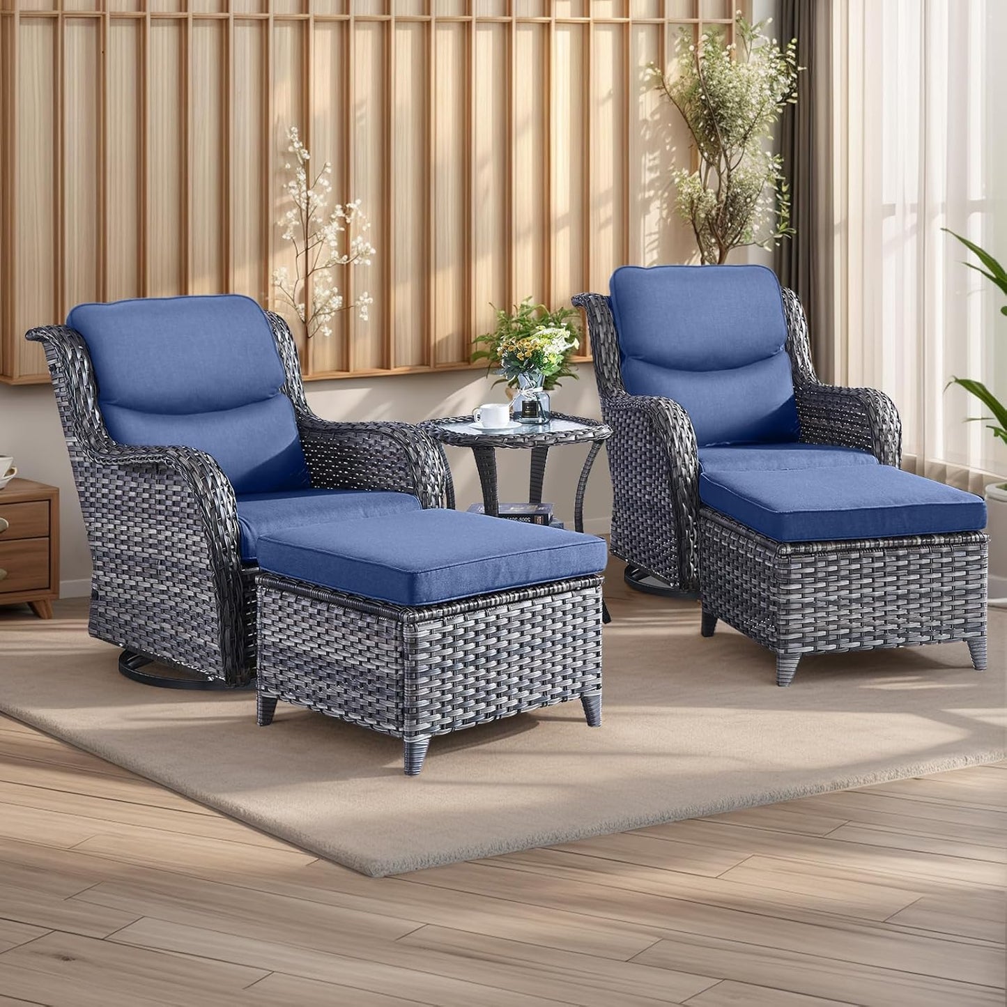 Rilyson Wicker Rocking Chair Swivel Chairs - 4 Piece Rocker Patio Chairs Set Rattan Rocking Chair for Outdoor Porch Deck Garden Backyard(Mixed Grey/Blue)