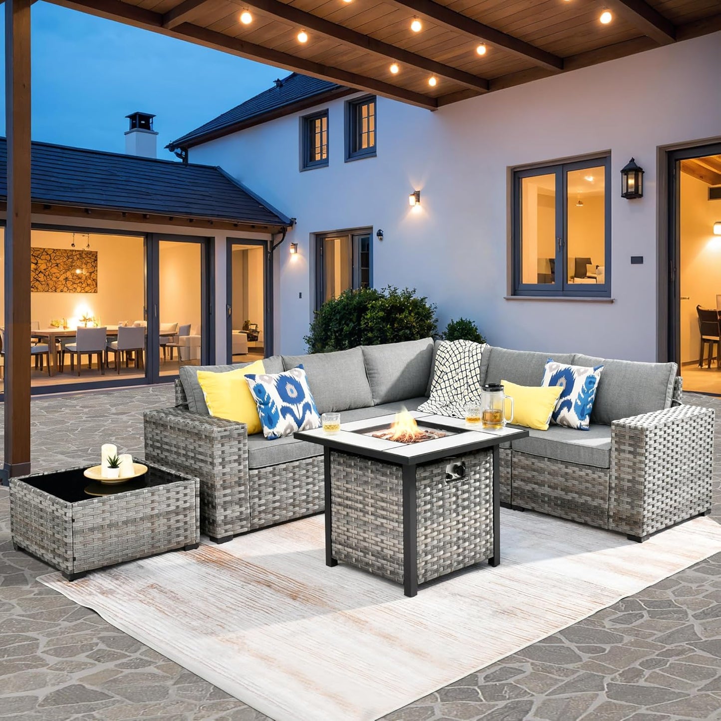 ovios 6 Pieces Patio Furniture Set, Outdoor Wicker Sectional Sofa with Glass Table Comfy Cushions, Modern Modular Deep Seat Couch Rattan Conversation Set, Denim Blue