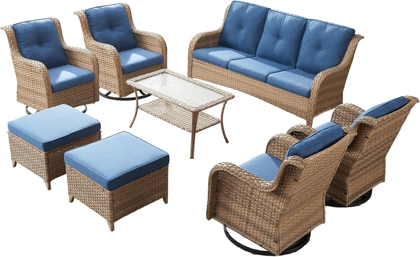 Rilyson Wicker Rocking Chair Swivel Chairs - 4 Piece Rocker Patio Chairs Set Rattan Rocking Chair for Outdoor Porch Deck Garden Backyard(Mixed Grey/Blue)