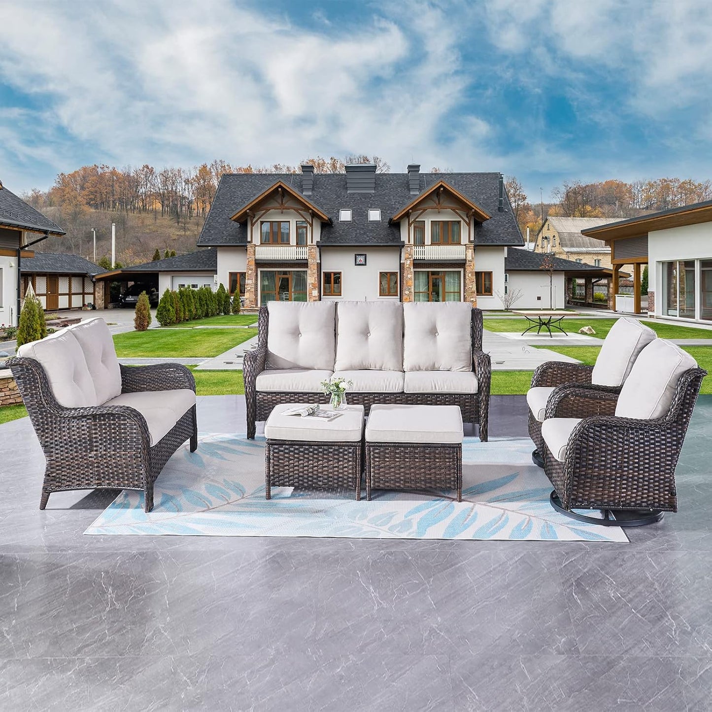 Rilyson Wicker Rocking Chair Swivel Chairs - 4 Piece Rocker Patio Chairs Set Rattan Rocking Chair for Outdoor Porch Deck Garden Backyard(Mixed Grey/Blue)
