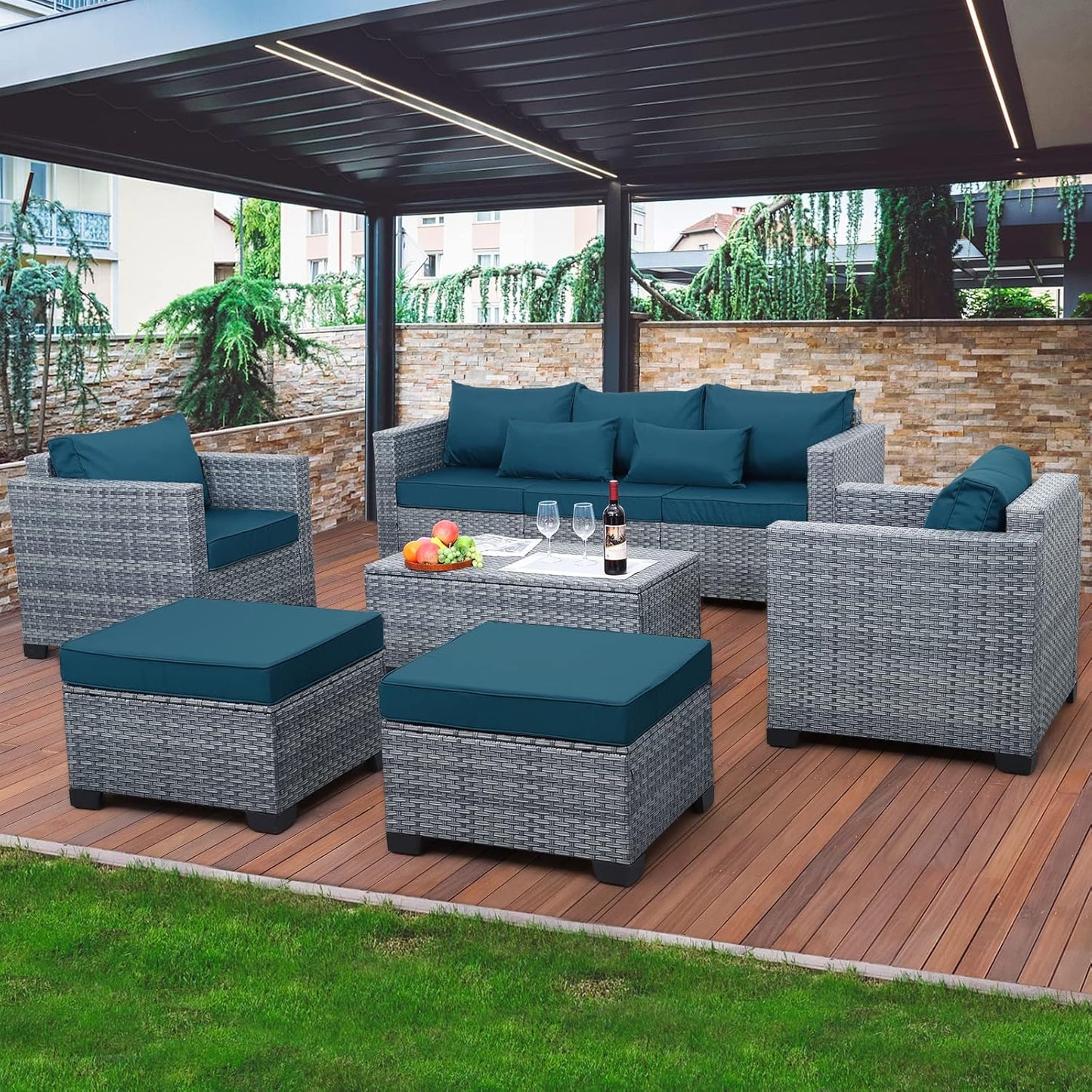 6 Pieces Wicker Patio Furniture Sets Outdoor Conversation Set PE Rattan Sectional Sofa Couch with Storage Table and Grey Cushions