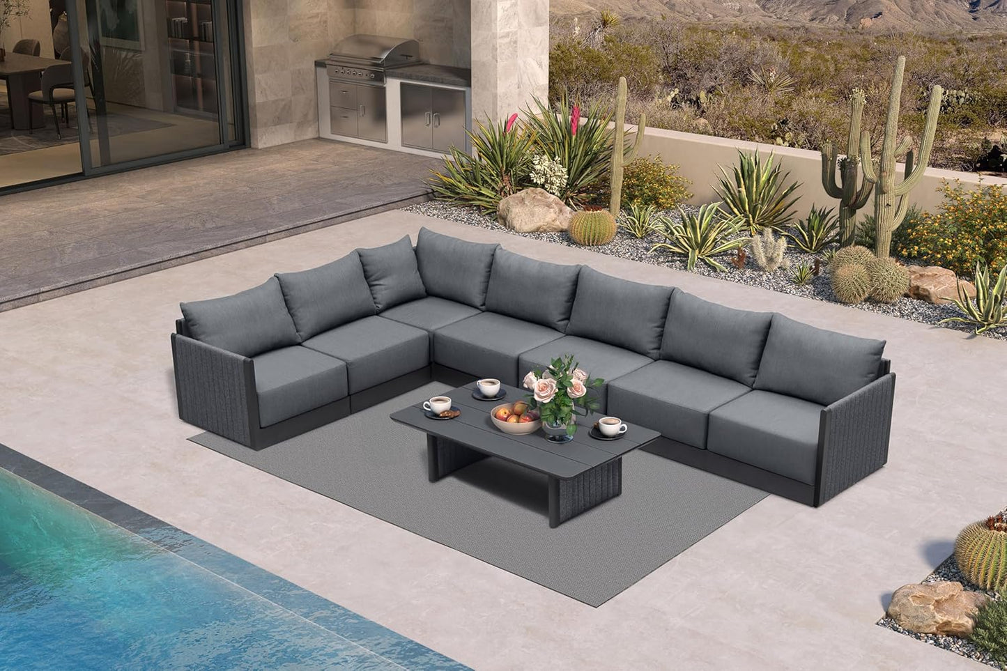 PURPLE LEAF Patio Furniture Set 8 Pieces Outdoor Conversation Sets PP Rope Patio Sofa with Cushions Manual Weaving Deep Seating Furniture for Porch Lawn Backyard Gray