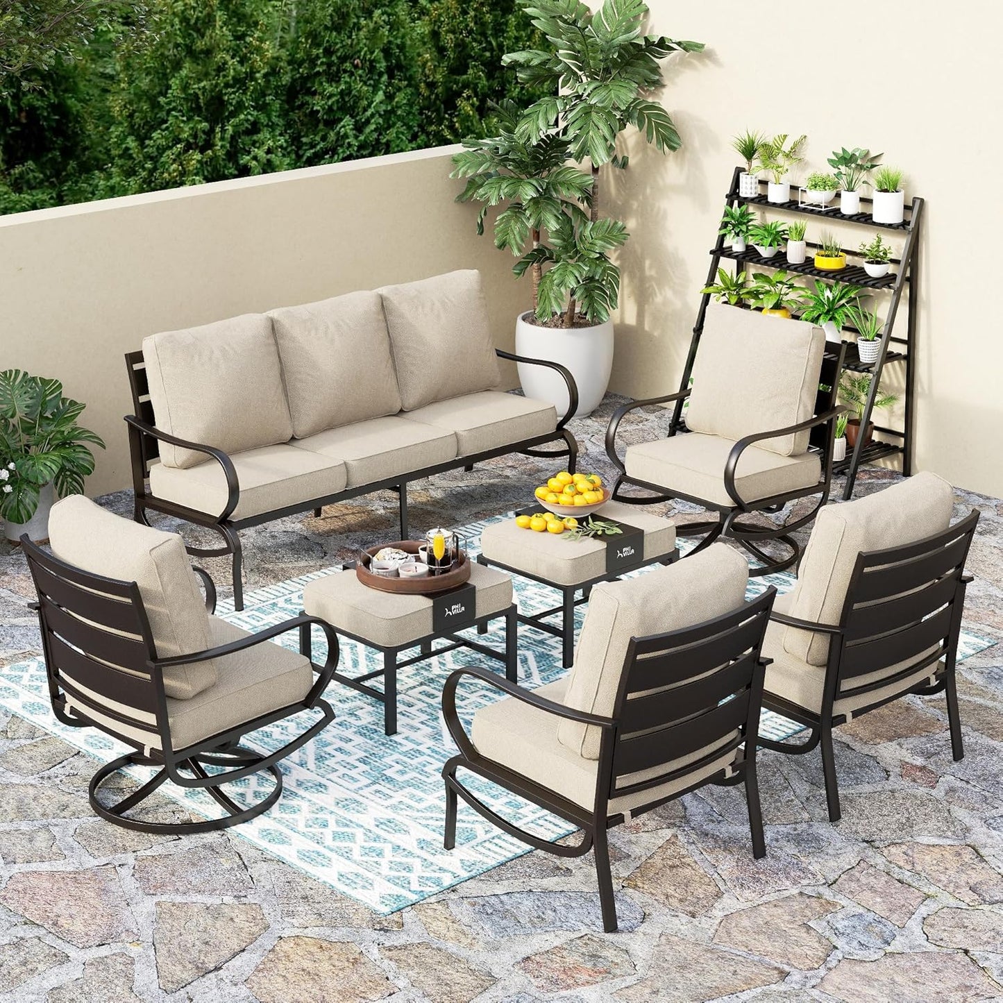 PHI VILLA 6 Piece Patio Furniture Sets with 1 x 3 Seater Padded Deep Seating Bench, 2 x Swivel Cushioned Sofa Chairs, 2 x Leg Sofa Chairs and 1 x Coffee Table, Outdoor Metal Furniture Set for 7