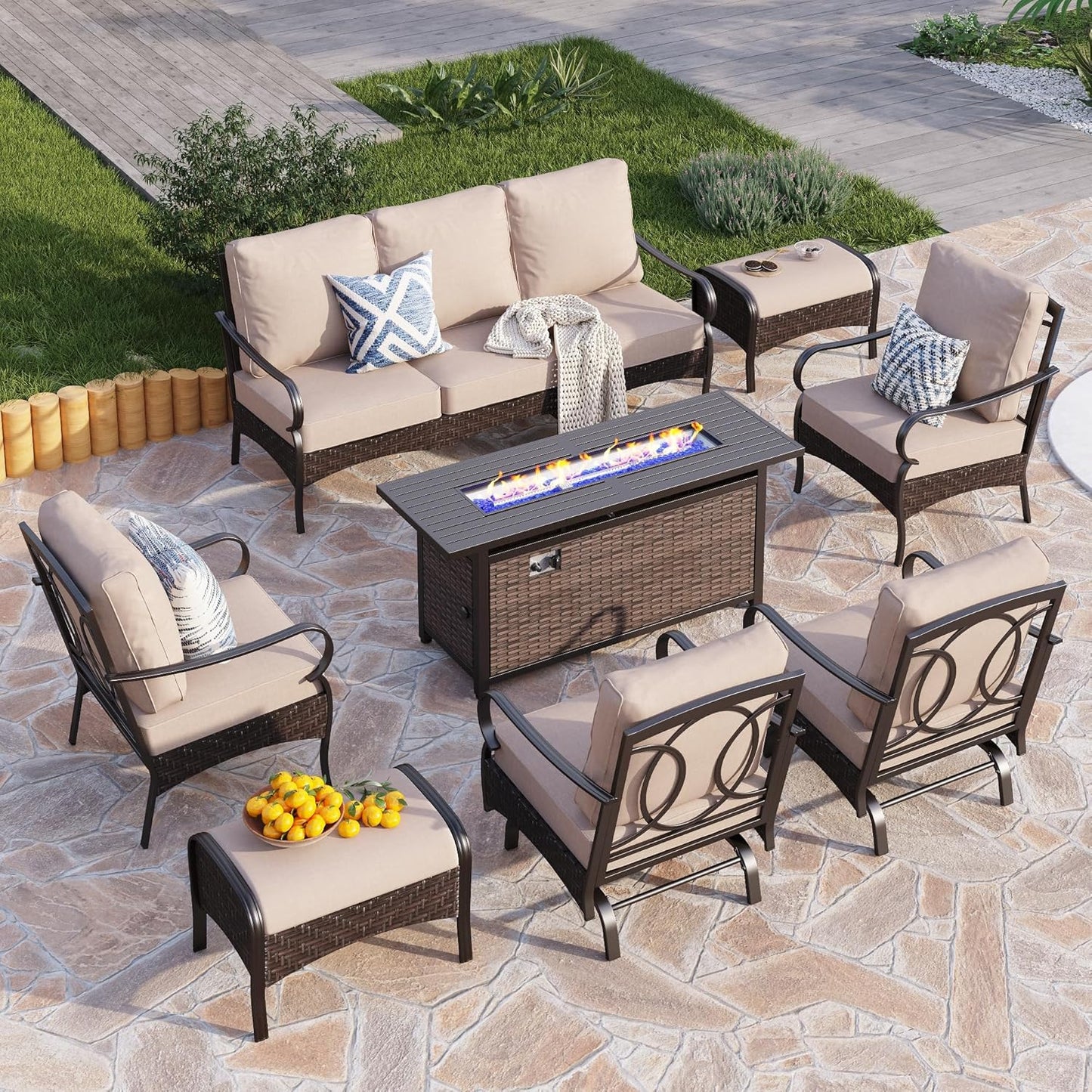 Patio Furniture Set with 56" Fire Pit Table, Premium Outdoor Wicker Metal Frame Furniture with Upgraded Waterproof Thick Cushions for Porch, Poolside, Deck, and Yard (4 Pieces,Red