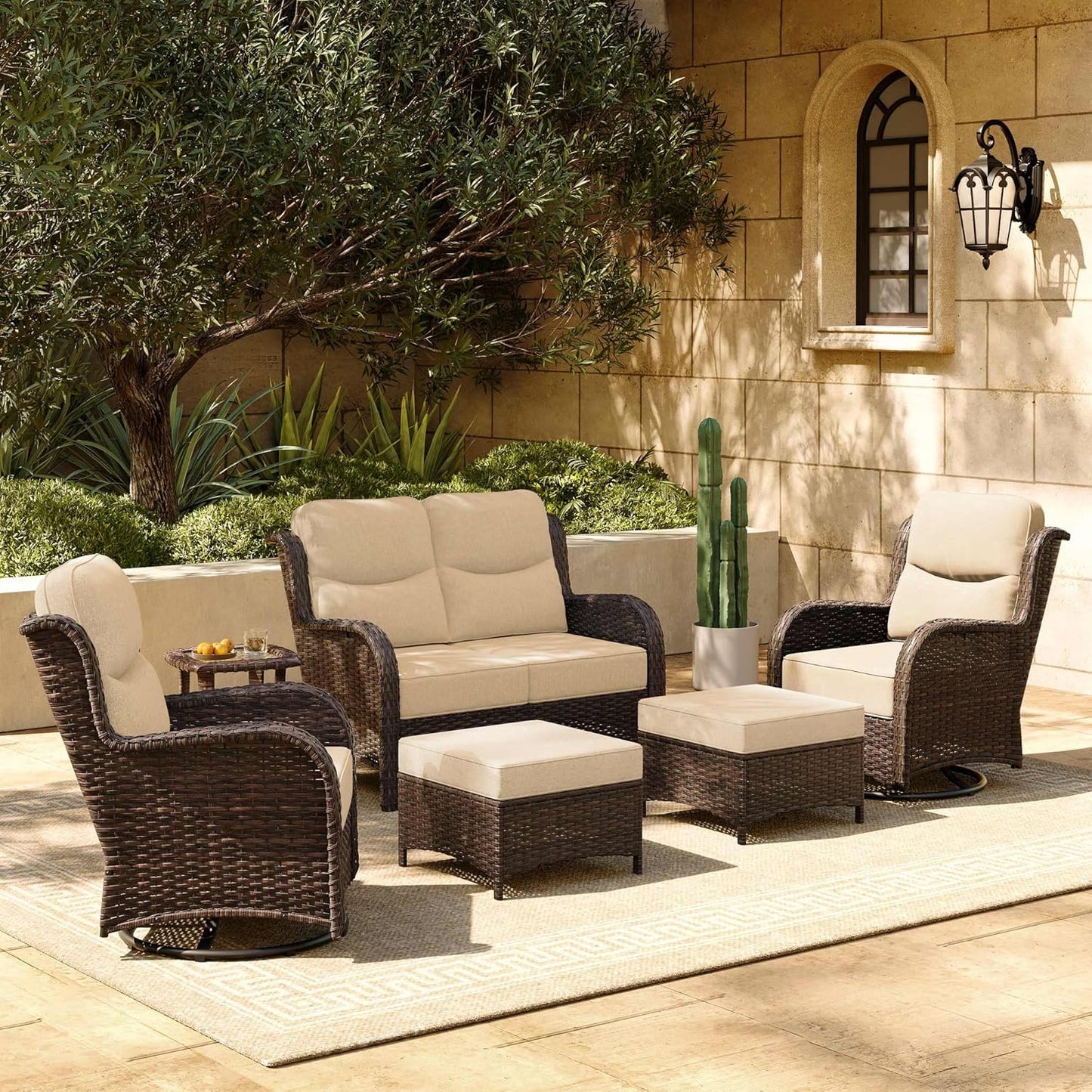 HILLGA Luxury Patio Furniture Set with 6-inch Thick Cushion, Outdoor Sectional Sofa and High Back Swivel Rocker Patio Chairs, 7PCS Wicker Conversation Set for Deck Yard and Pool, Blue (V2)