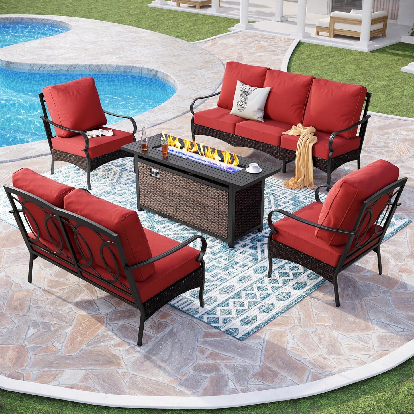 Patio Furniture Set with 56" Fire Pit Table, Premium Outdoor Wicker Metal Frame Furniture with Upgraded Waterproof Thick Cushions for Porch, Poolside, Deck, and Yard (4 Pieces,Red