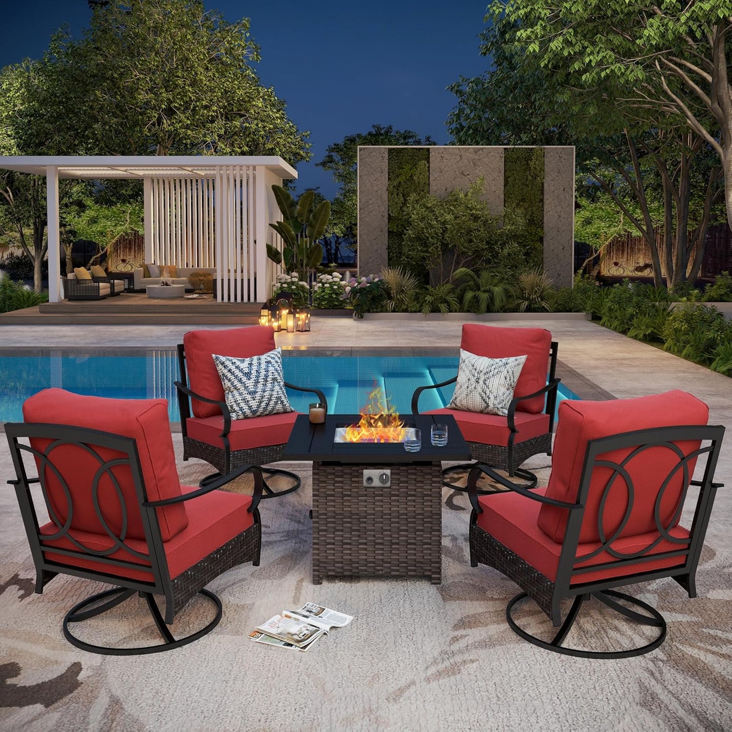 Patio Furniture Set with 56" Fire Pit Table, Premium Outdoor Wicker Metal Frame Furniture with Upgraded Waterproof Thick Cushions for Porch, Poolside, Deck, and Yard (4 Pieces,Red