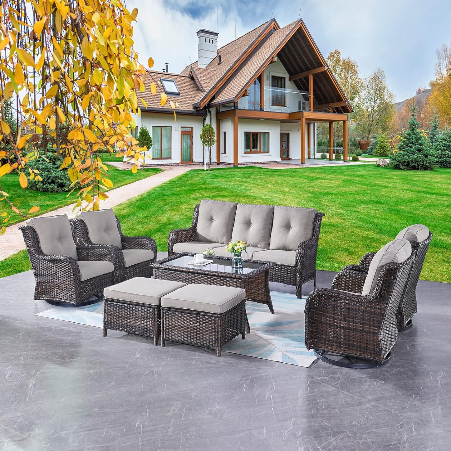 Rilyson Wicker Rocking Chair Swivel Chairs - 4 Piece Rocker Patio Chairs Set Rattan Rocking Chair for Outdoor Porch Deck Garden Backyard(Mixed Grey/Blue)