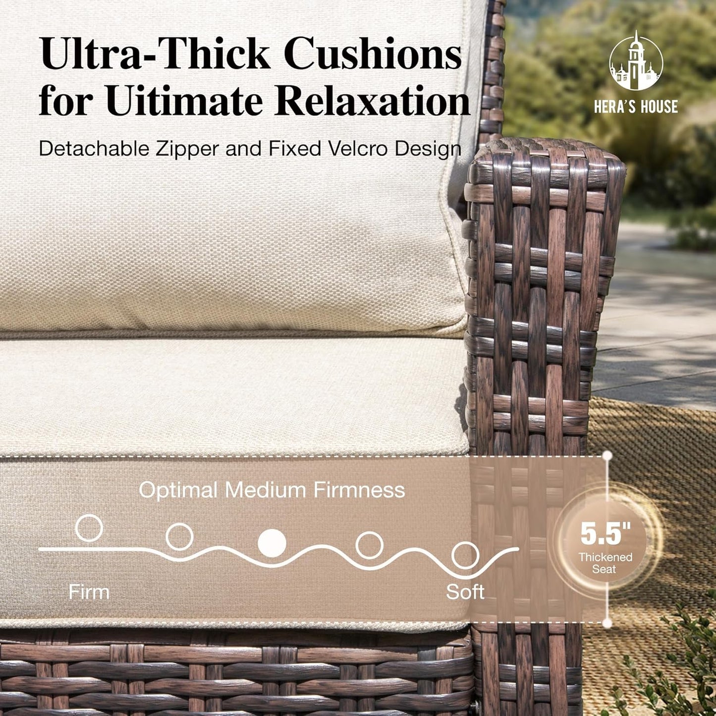 Luxury Patio Furniture Set with 5.5" Thick Cushion, Outdoor Wicker Conversation Set, 4 x High Back Swivel Patio Chairs with Tempered Glass Table, Waterproof 3-Seat Sofa for Deck Lawn Deck Yard, Beige