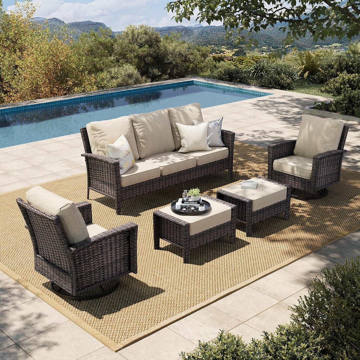 Luxury Patio Furniture Set with 5.5" Thick Cushion, Outdoor Wicker Conversation Set, 4 x High Back Swivel Patio Chairs with Tempered Glass Table, Waterproof 3-Seat Sofa for Deck Lawn Deck Yard, Beige