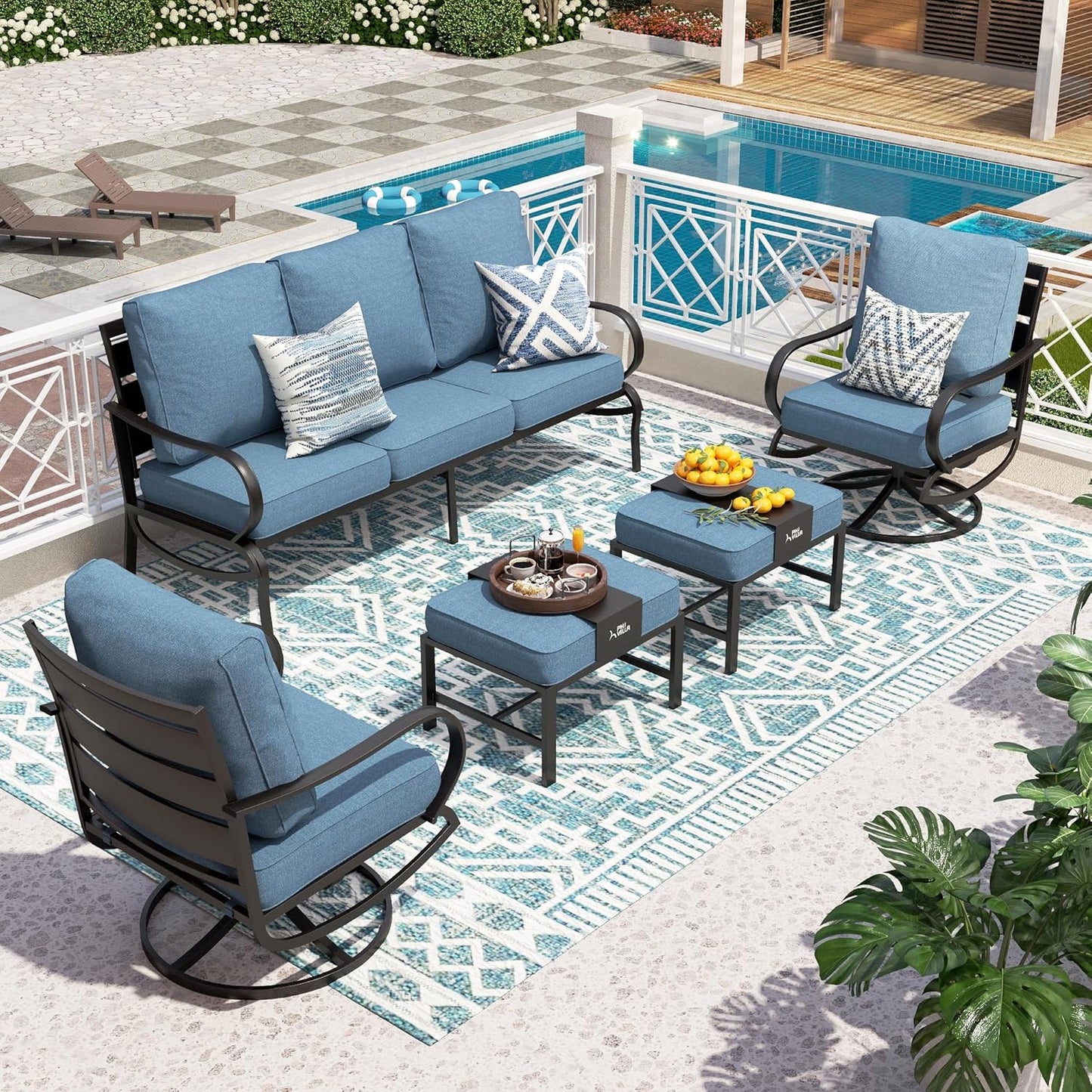 PHI VILLA 6 Piece Patio Furniture Sets with 1 x 3 Seater Padded Deep Seating Bench, 2 x Swivel Cushioned Sofa Chairs, 2 x Leg Sofa Chairs and 1 x Coffee Table, Outdoor Metal Furniture Set for 7
