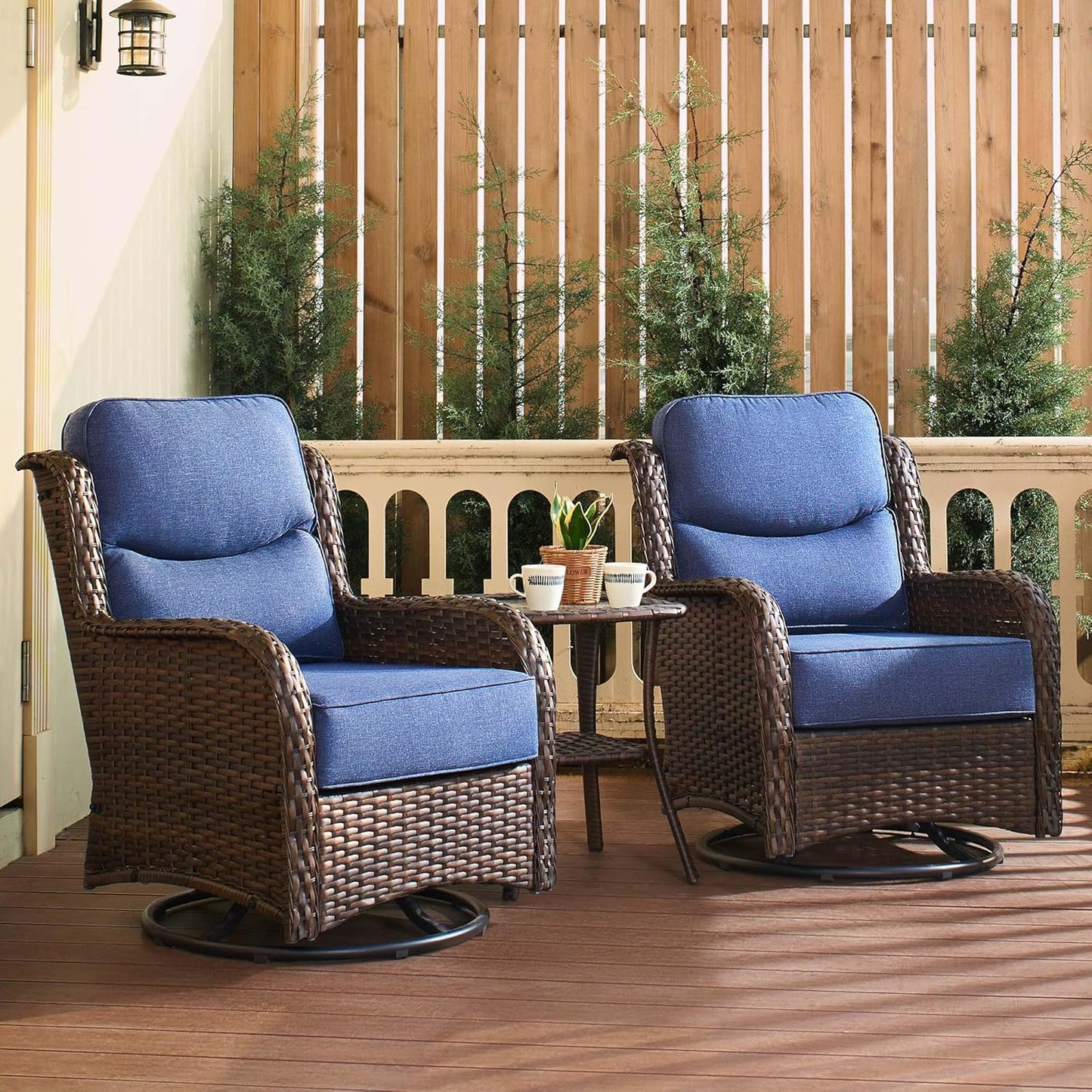 HILLGA Luxury Patio Furniture Set with 6-inch Thick Cushion, Outdoor Sectional Sofa and High Back Swivel Rocker Patio Chairs, 7PCS Wicker Conversation Set for Deck Yard and Pool, Blue (V2)