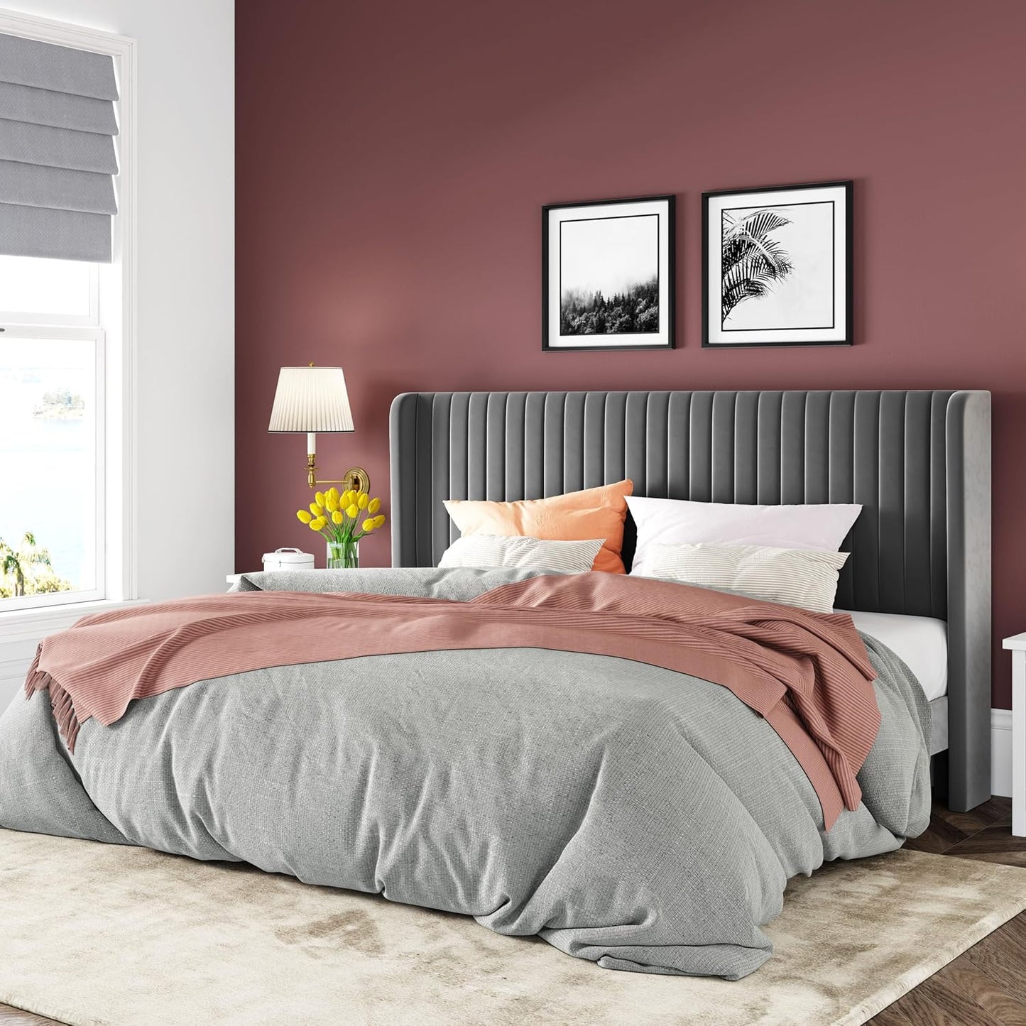 Allewie Queen Size Velvet Bed Frame/Vertical Channel Tufted Wingback Headboard/Upholstered Platform Bed/Strong Wooden Slats/No Box Spring Needed/Easy Assembly/White