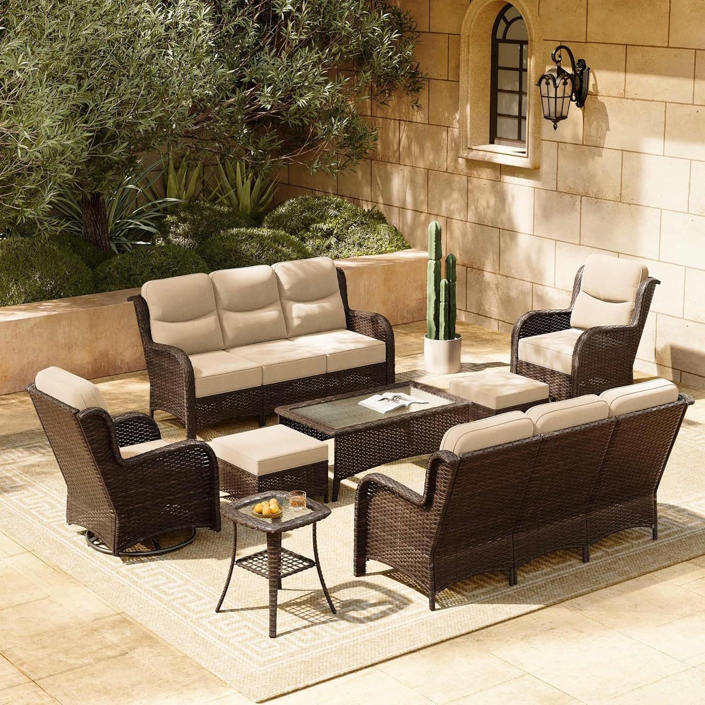 HILLGA Luxury Patio Furniture Set with 6-inch Thick Cushion, Outdoor Sectional Sofa and High Back Swivel Rocker Patio Chairs, 7PCS Wicker Conversation Set for Deck Yard and Pool, Blue (V2)