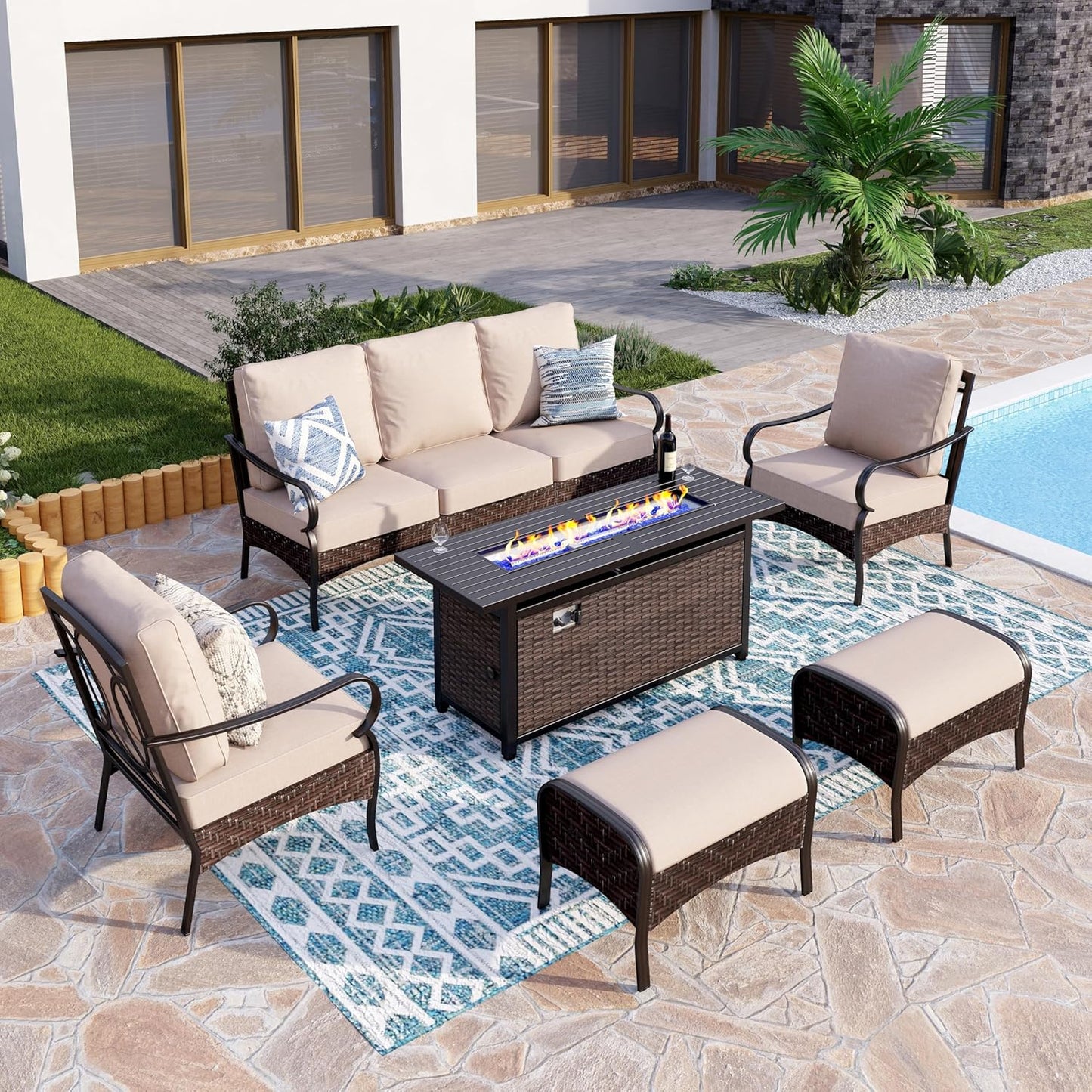 Patio Furniture Set with 56" Fire Pit Table, Premium Outdoor Wicker Metal Frame Furniture with Upgraded Waterproof Thick Cushions for Porch, Poolside, Deck, and Yard (4 Pieces,Red