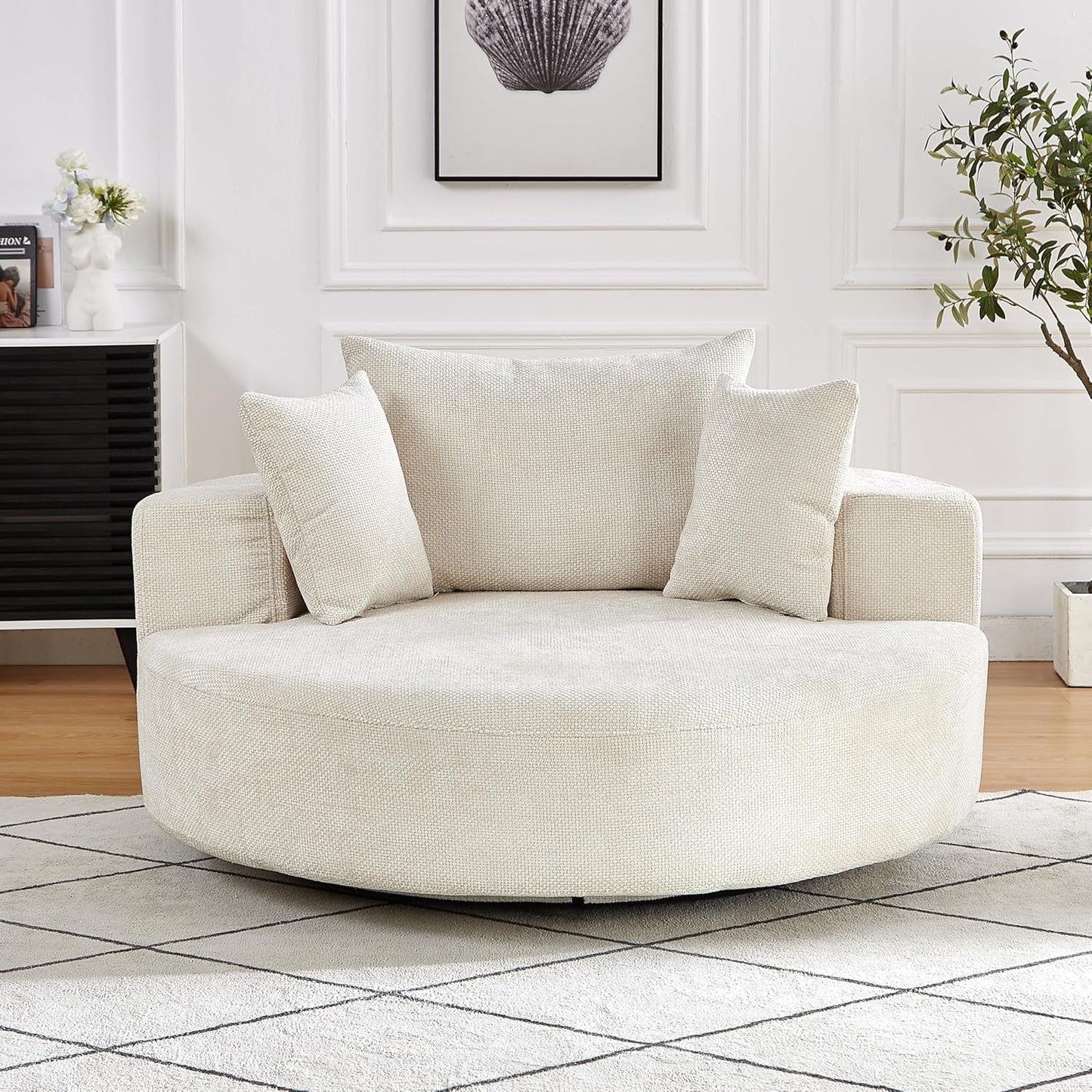 KEIKI 55" Oversized Swivel Accent Chair, Large Barrel Chairs Upholstered Round Swivel Chair, Chenille Single Sofa Armchair, Sleeper Chair for Living Room, Lounge, Beige