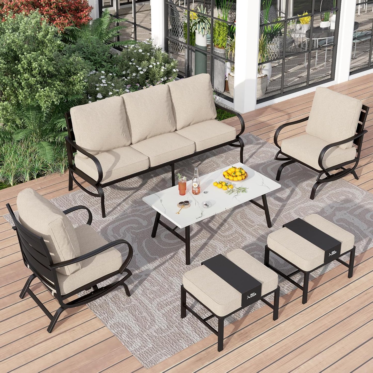 PHI VILLA 6 Piece Patio Furniture Sets with 1 x 3 Seater Padded Deep Seating Bench, 2 x Swivel Cushioned Sofa Chairs, 2 x Leg Sofa Chairs and 1 x Coffee Table, Outdoor Metal Furniture Set for 7