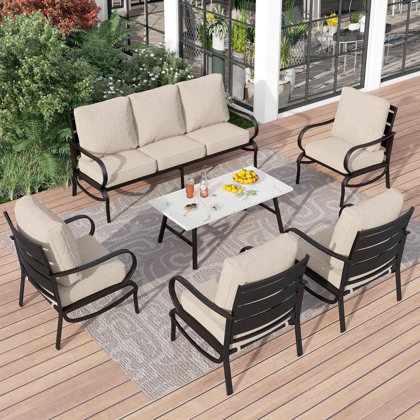 PHI VILLA 6 Piece Patio Furniture Sets with 1 x 3 Seater Padded Deep Seating Bench, 2 x Swivel Cushioned Sofa Chairs, 2 x Leg Sofa Chairs and 1 x Coffee Table, Outdoor Metal Furniture Set for 7