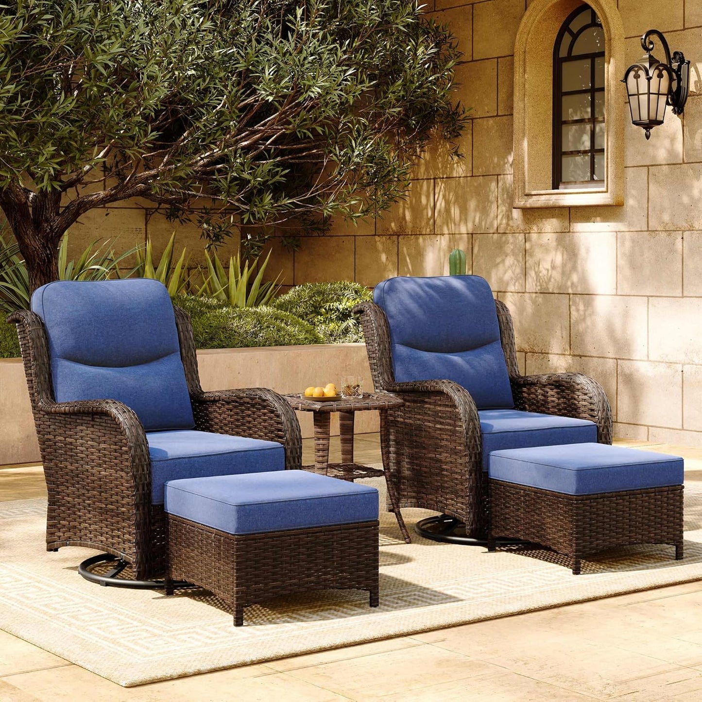HILLGA Luxury Patio Furniture Set with 6-inch Thick Cushion, Outdoor Sectional Sofa and High Back Swivel Rocker Patio Chairs, 7PCS Wicker Conversation Set for Deck Yard and Pool, Blue (V2)