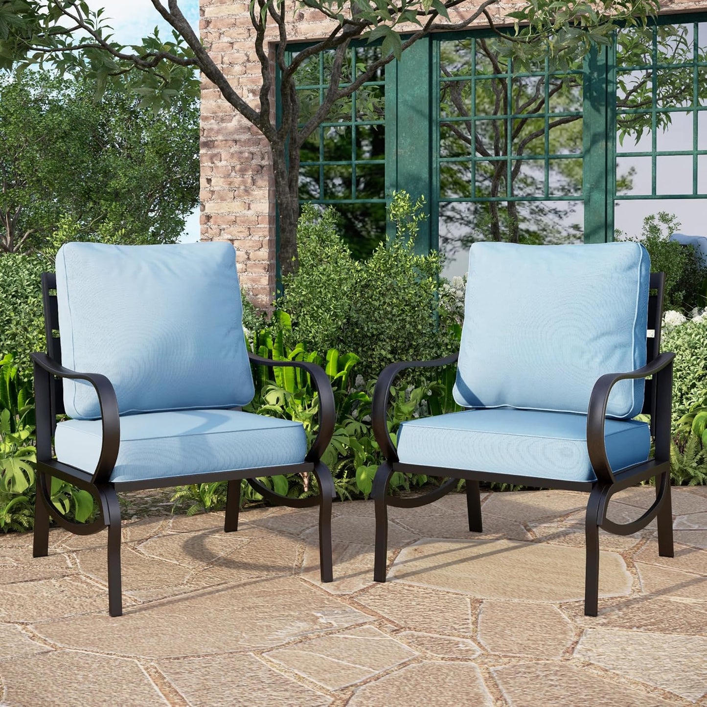 PHI VILLA 6 Piece Patio Furniture Sets with 1 x 3 Seater Padded Deep Seating Bench, 2 x Swivel Cushioned Sofa Chairs, 2 x Leg Sofa Chairs and 1 x Coffee Table, Outdoor Metal Furniture Set for 7