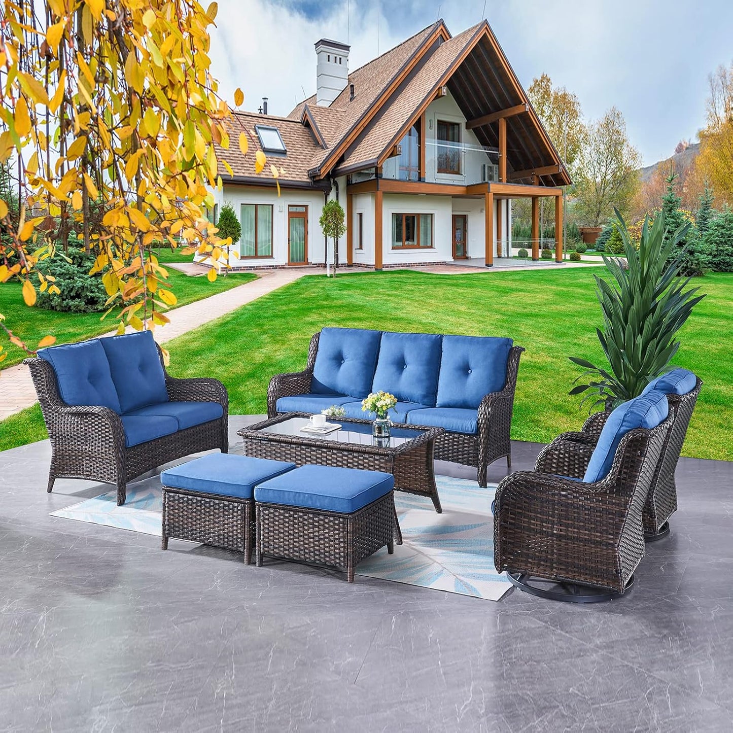 Rilyson Wicker Rocking Chair Swivel Chairs - 4 Piece Rocker Patio Chairs Set Rattan Rocking Chair for Outdoor Porch Deck Garden Backyard(Mixed Grey/Blue)