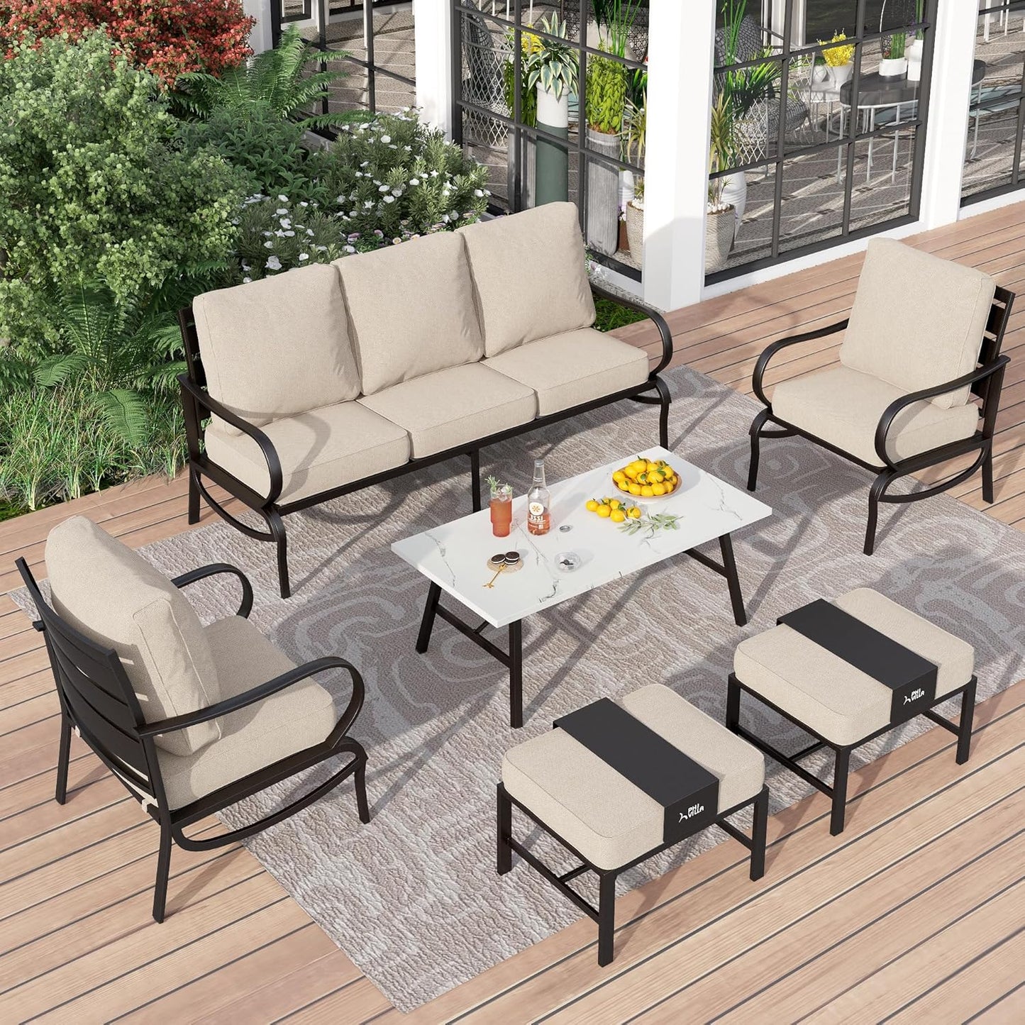 PHI VILLA 6 Piece Patio Furniture Sets with 1 x 3 Seater Padded Deep Seating Bench, 2 x Swivel Cushioned Sofa Chairs, 2 x Leg Sofa Chairs and 1 x Coffee Table, Outdoor Metal Furniture Set for 7