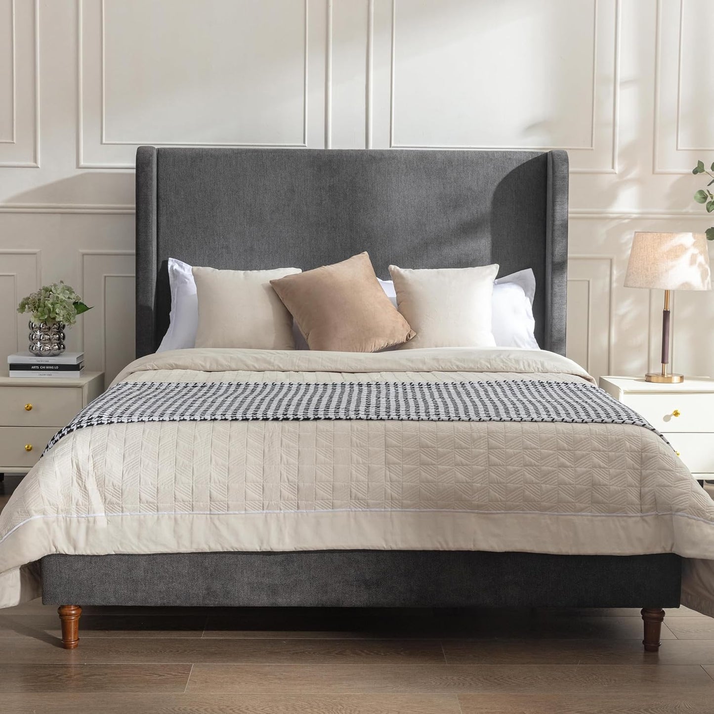Queen Size Upholstered Platform Bed Frame, 54" High Headboard Carmen Wingback Bed, Fully Upholstered Mattress Foundation, No Box Spring Needed No Noise, Minimalist, Textured Ivory