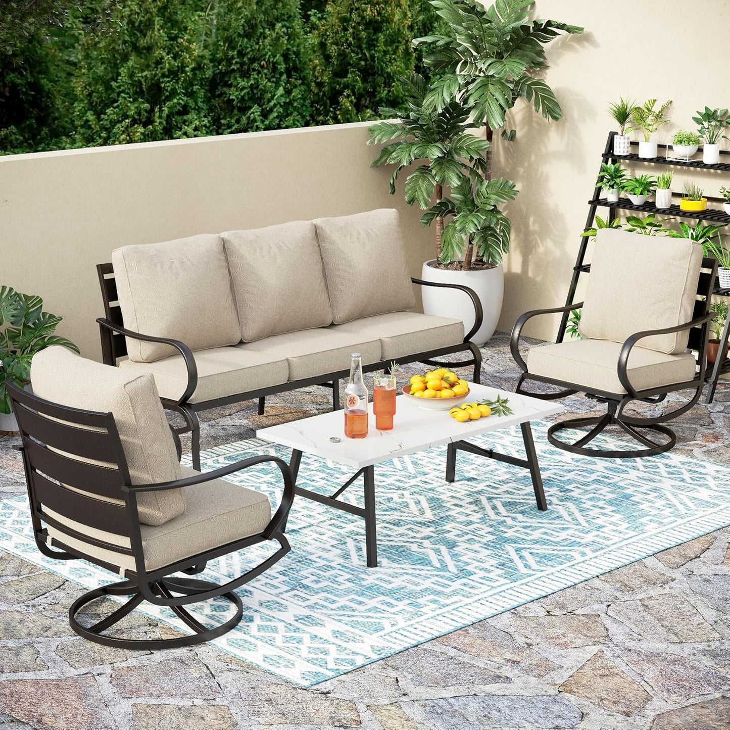 PHI VILLA 6 Piece Patio Furniture Sets with 1 x 3 Seater Padded Deep Seating Bench, 2 x Swivel Cushioned Sofa Chairs, 2 x Leg Sofa Chairs and 1 x Coffee Table, Outdoor Metal Furniture Set for 7