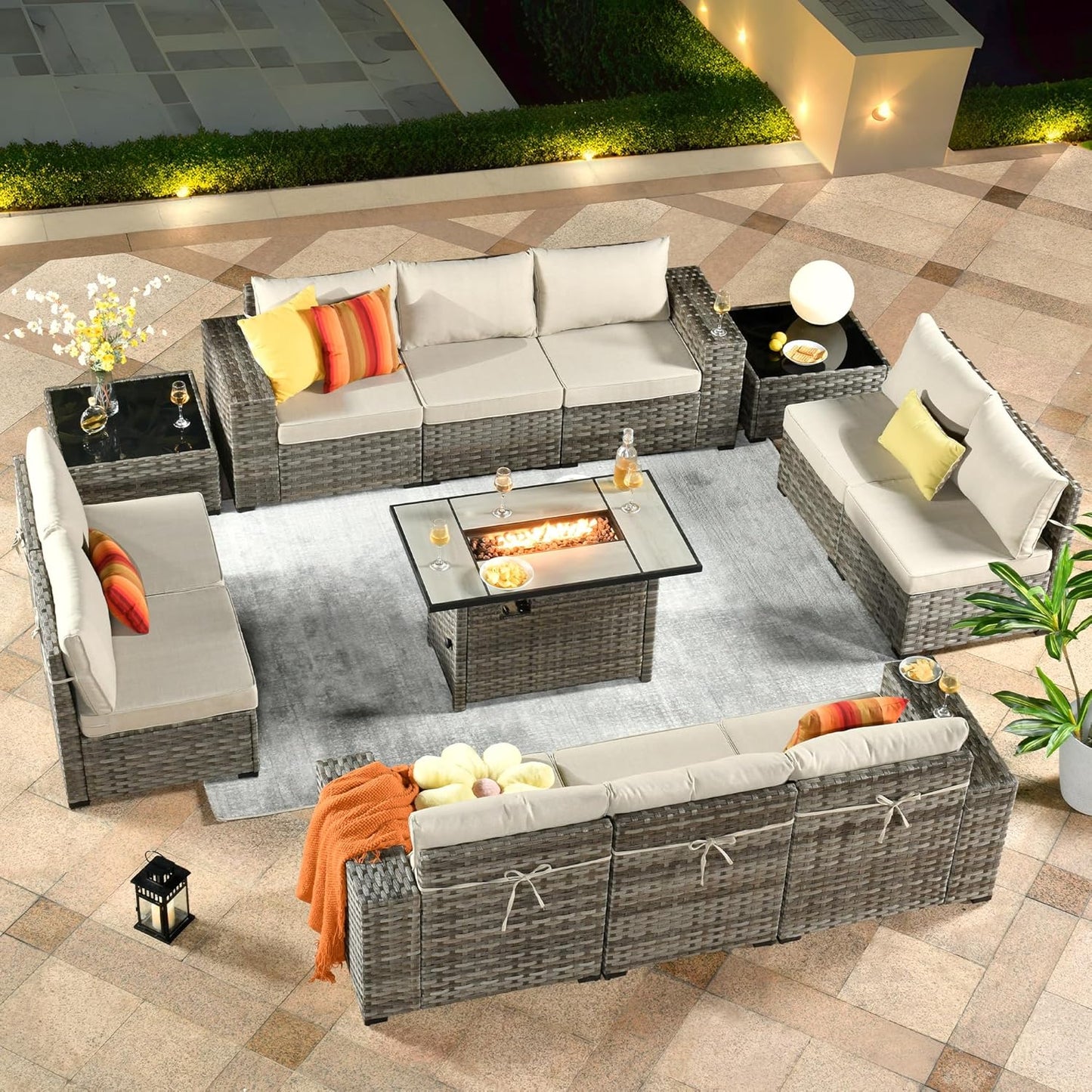 ovios 6 Pieces Patio Furniture Set, Outdoor Wicker Sectional Sofa with Glass Table Comfy Cushions, Modern Modular Deep Seat Couch Rattan Conversation Set, Denim Blue
