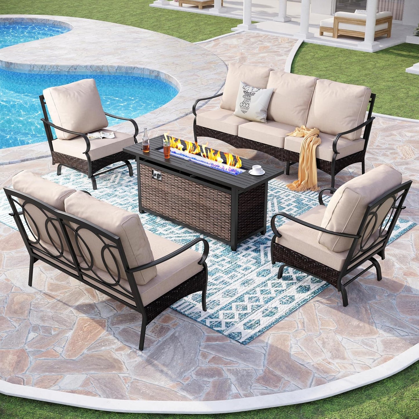 Patio Furniture Set with 56" Fire Pit Table, Premium Outdoor Wicker Metal Frame Furniture with Upgraded Waterproof Thick Cushions for Porch, Poolside, Deck, and Yard (4 Pieces,Red