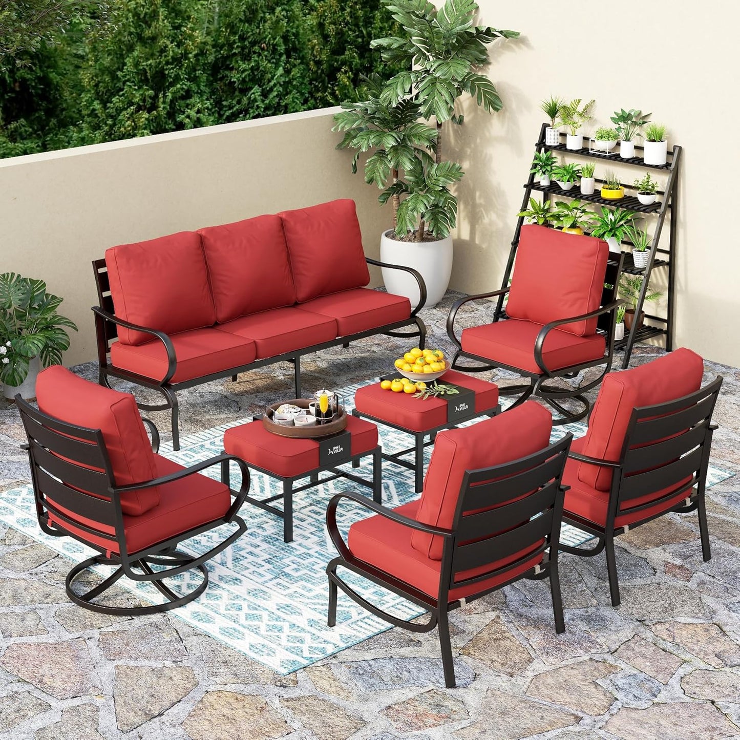 PHI VILLA 6 Piece Patio Furniture Sets with 1 x 3 Seater Padded Deep Seating Bench, 2 x Swivel Cushioned Sofa Chairs, 2 x Leg Sofa Chairs and 1 x Coffee Table, Outdoor Metal Furniture Set for 7