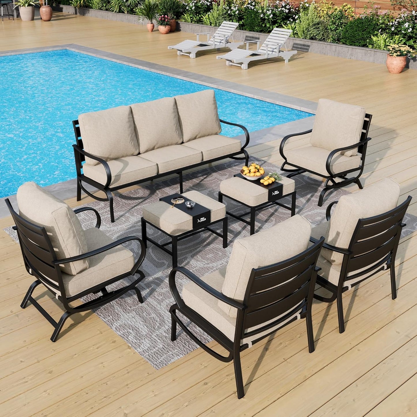 PHI VILLA 6 Piece Patio Furniture Sets with 1 x 3 Seater Padded Deep Seating Bench, 2 x Swivel Cushioned Sofa Chairs, 2 x Leg Sofa Chairs and 1 x Coffee Table, Outdoor Metal Furniture Set for 7