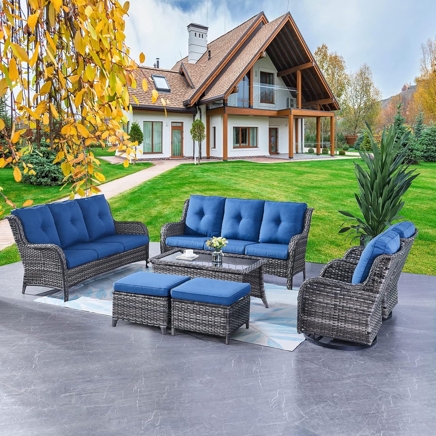 Rilyson Wicker Rocking Chair Swivel Chairs - 4 Piece Rocker Patio Chairs Set Rattan Rocking Chair for Outdoor Porch Deck Garden Backyard(Mixed Grey/Blue)