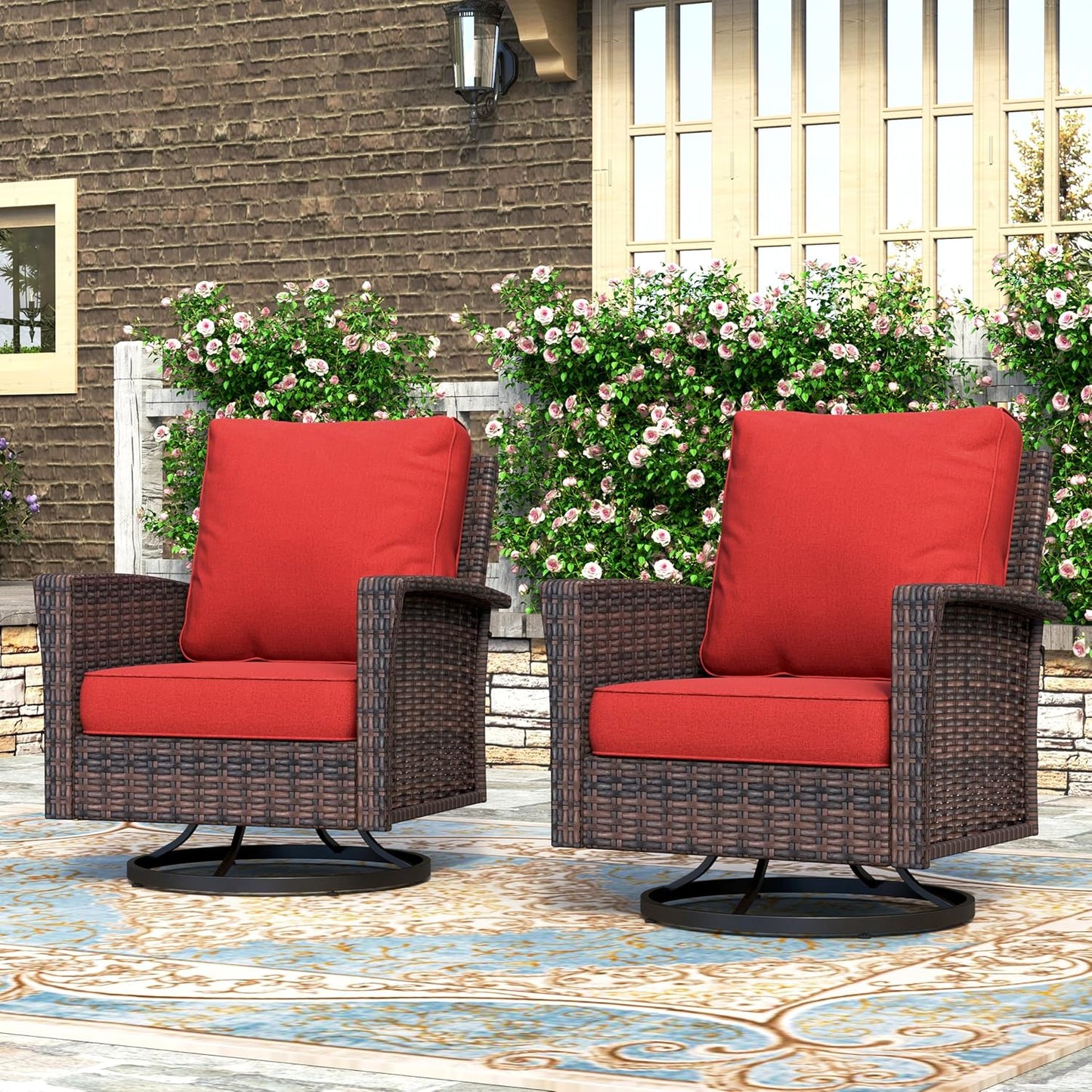 Luxury Patio Furniture Set with 5.5" Thick Cushion, Outdoor Wicker Conversation Set, 4 x High Back Swivel Patio Chairs with Tempered Glass Table, Waterproof 3-Seat Sofa for Deck Lawn Deck Yard, Beige