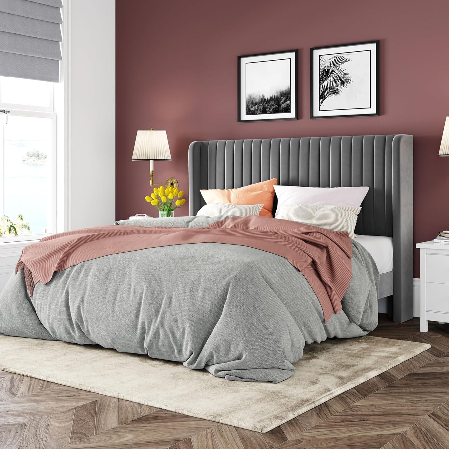 Allewie Queen Size Velvet Bed Frame/Vertical Channel Tufted Wingback Headboard/Upholstered Platform Bed/Strong Wooden Slats/No Box Spring Needed/Easy Assembly/White